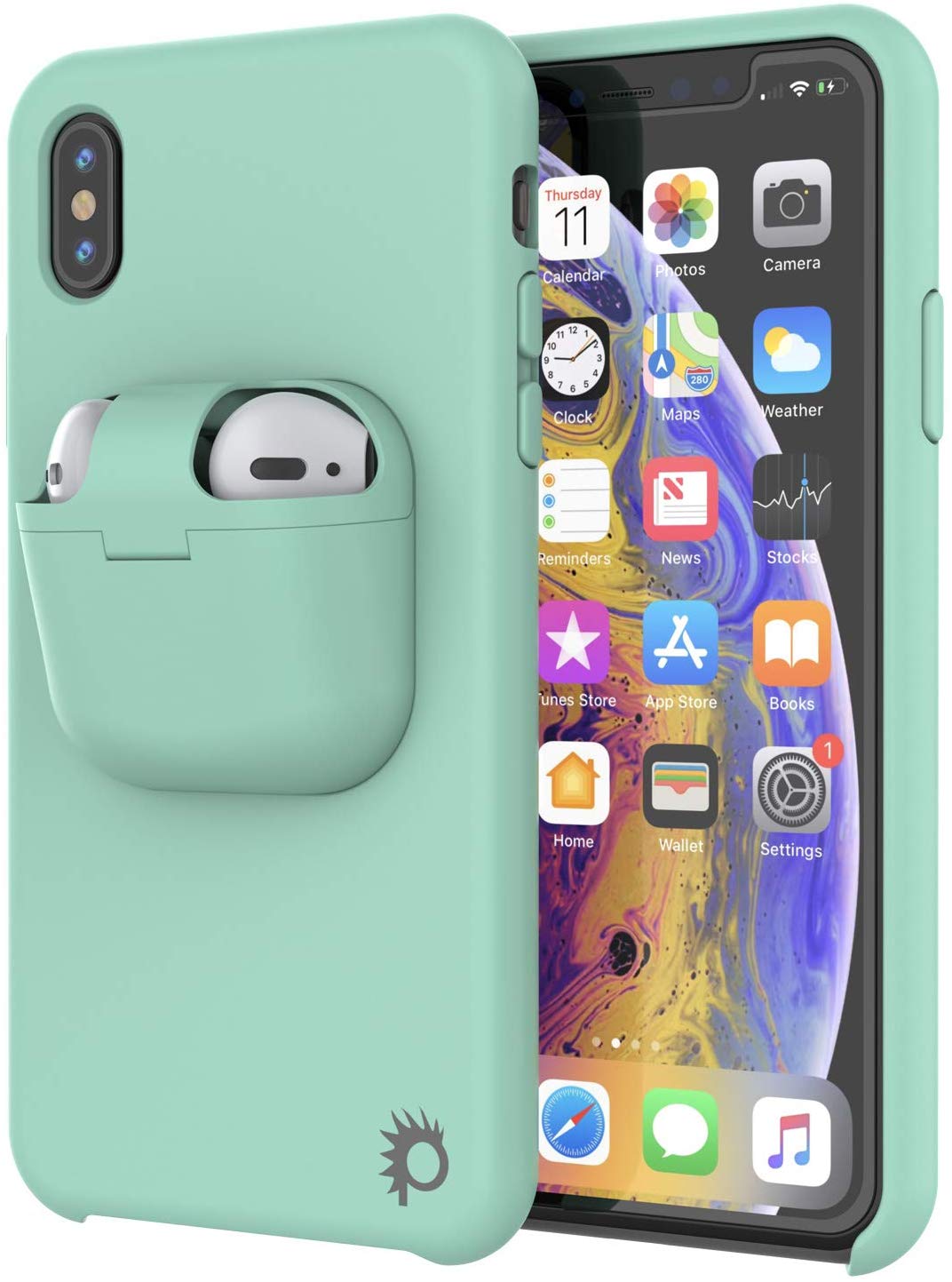 Punkcase iPhone X Airpods Case Holder (CenterPods Series) | Slim & Durable 2 in 1 Cover Designed for iPhone X (6.1") | Protects Your Phone & Stores Your AirPods Gen. 1 & 2 [Teal]