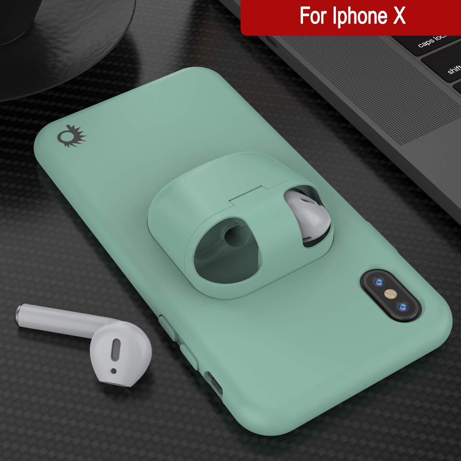 Punkcase iPhone X Airpods Case Holder (CenterPods Series) | Slim & Durable 2 in 1 Cover Designed for iPhone X (6.1") | Protects Your Phone & Stores Your AirPods Gen. 1 & 2 [Teal]