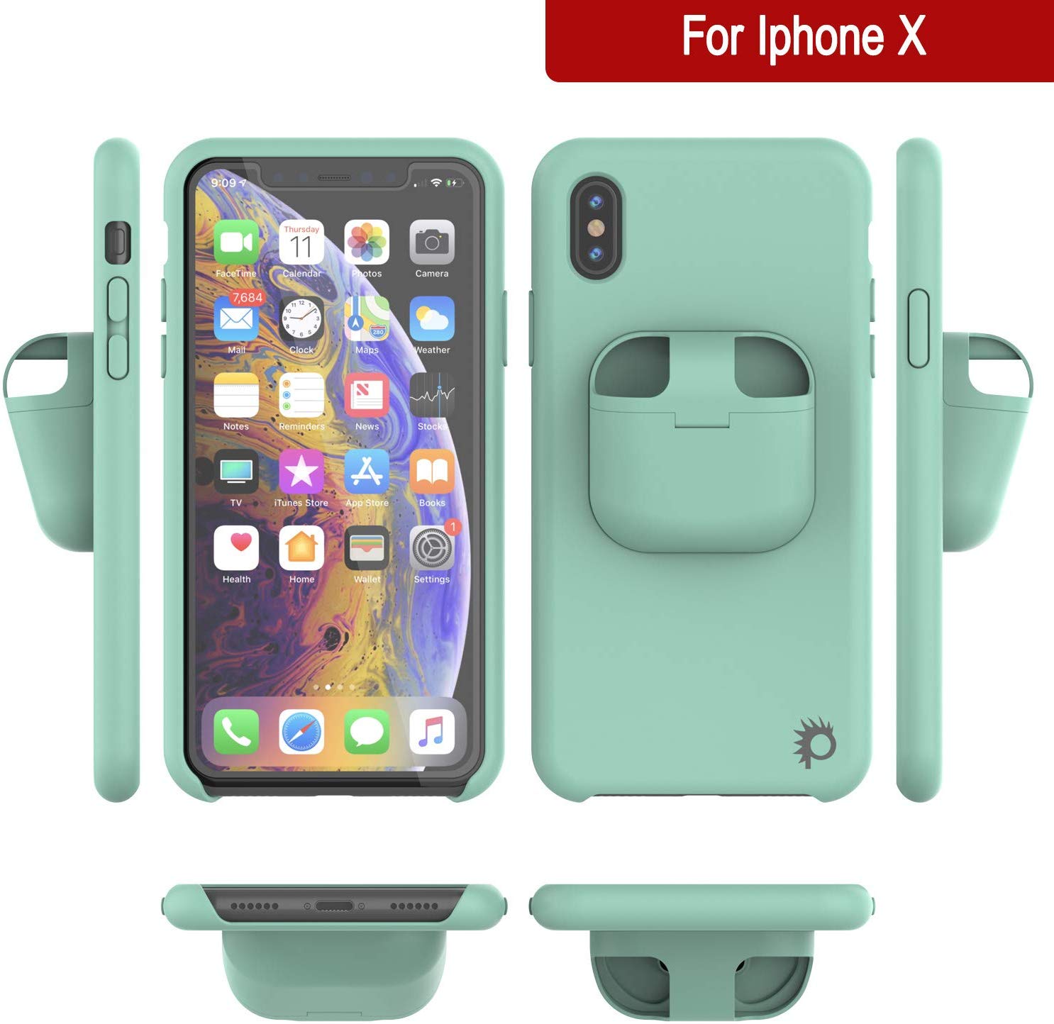 Punkcase iPhone X Airpods Case Holder (CenterPods Series) | Slim & Durable 2 in 1 Cover Designed for iPhone X (6.1") | Protects Your Phone & Stores Your AirPods Gen. 1 & 2 [Teal]