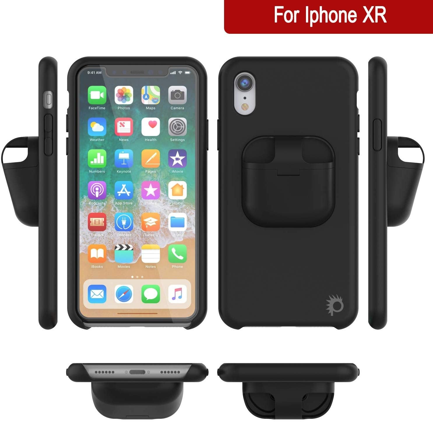 Punkcase iPhone XR Airpods Case Holder (CenterPods Series) | Slim & Durable 2 in 1 Cover Designed for iPhone XR (6.1") | Protects Your Phone & Stores Your AirPods Gen. 1 & 2 [Black]