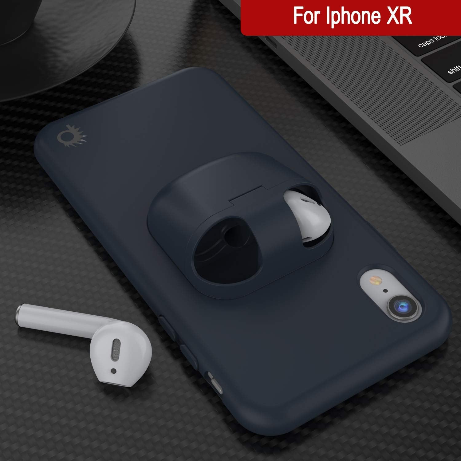 Punkcase iPhone XR Airpods Case Holder (CenterPods Series) | Slim & Durable 2 in 1 Cover Designed for iPhone XR (6.1") | Protects Your Phone & Stores Your AirPods Gen. 1 & 2 [Navy Blue]