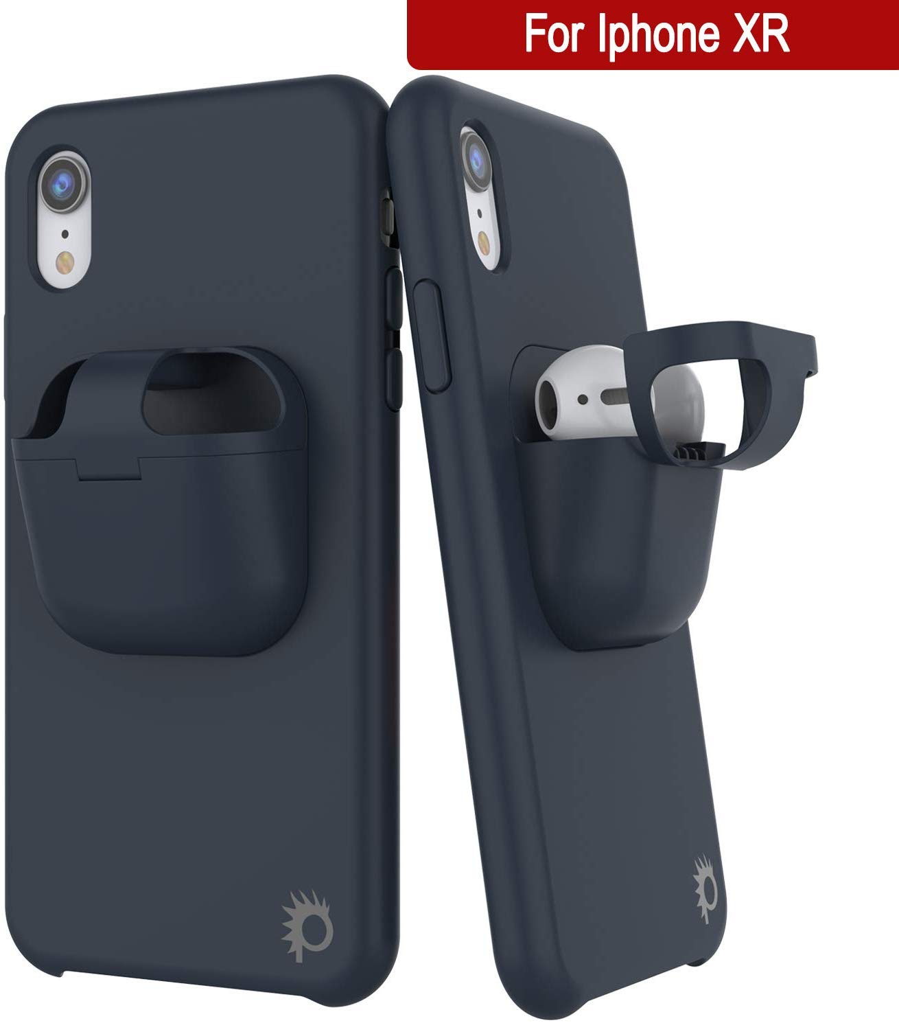 Punkcase iPhone XR Airpods Case Holder (CenterPods Series) | Slim & Durable 2 in 1 Cover Designed for iPhone XR (6.1") | Protects Your Phone & Stores Your AirPods Gen. 1 & 2 [Navy Blue]