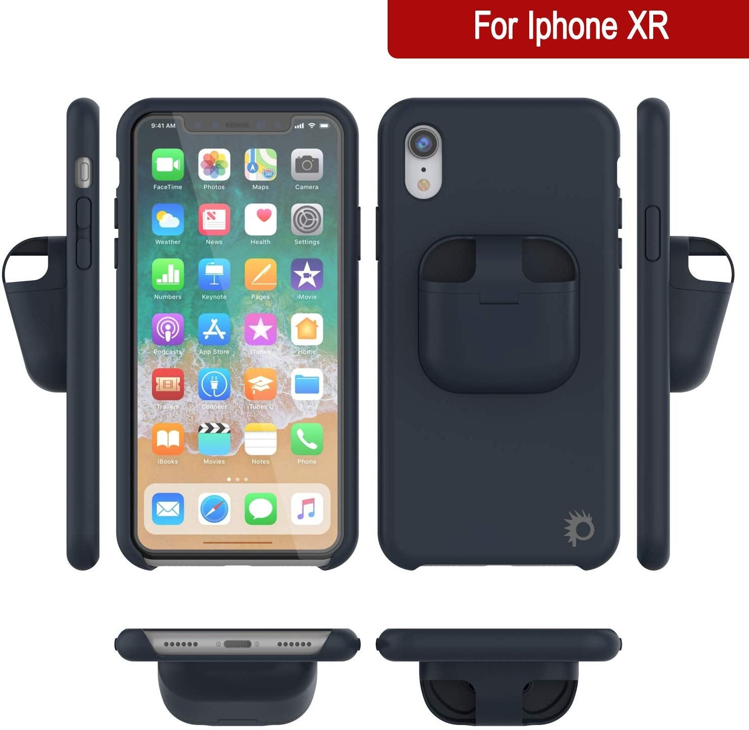 Punkcase iPhone XR Airpods Case Holder (CenterPods Series) | Slim & Durable 2 in 1 Cover Designed for iPhone XR (6.1") | Protects Your Phone & Stores Your AirPods Gen. 1 & 2 [Navy Blue]