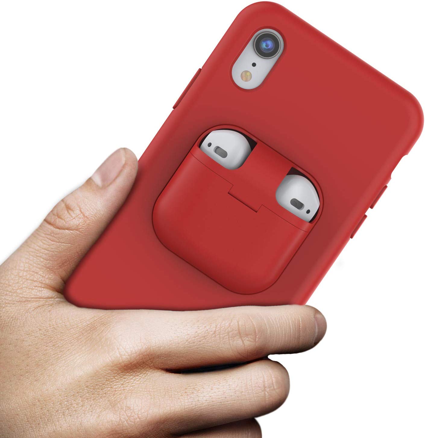 Punkcase iPhone XR Airpods Case Holder (CenterPods Series) | Slim & Durable 2 in 1 Cover Designed for iPhone XR (6.1") | Protects Your Phone & Stores Your AirPods Gen. 1 & 2 [Red]