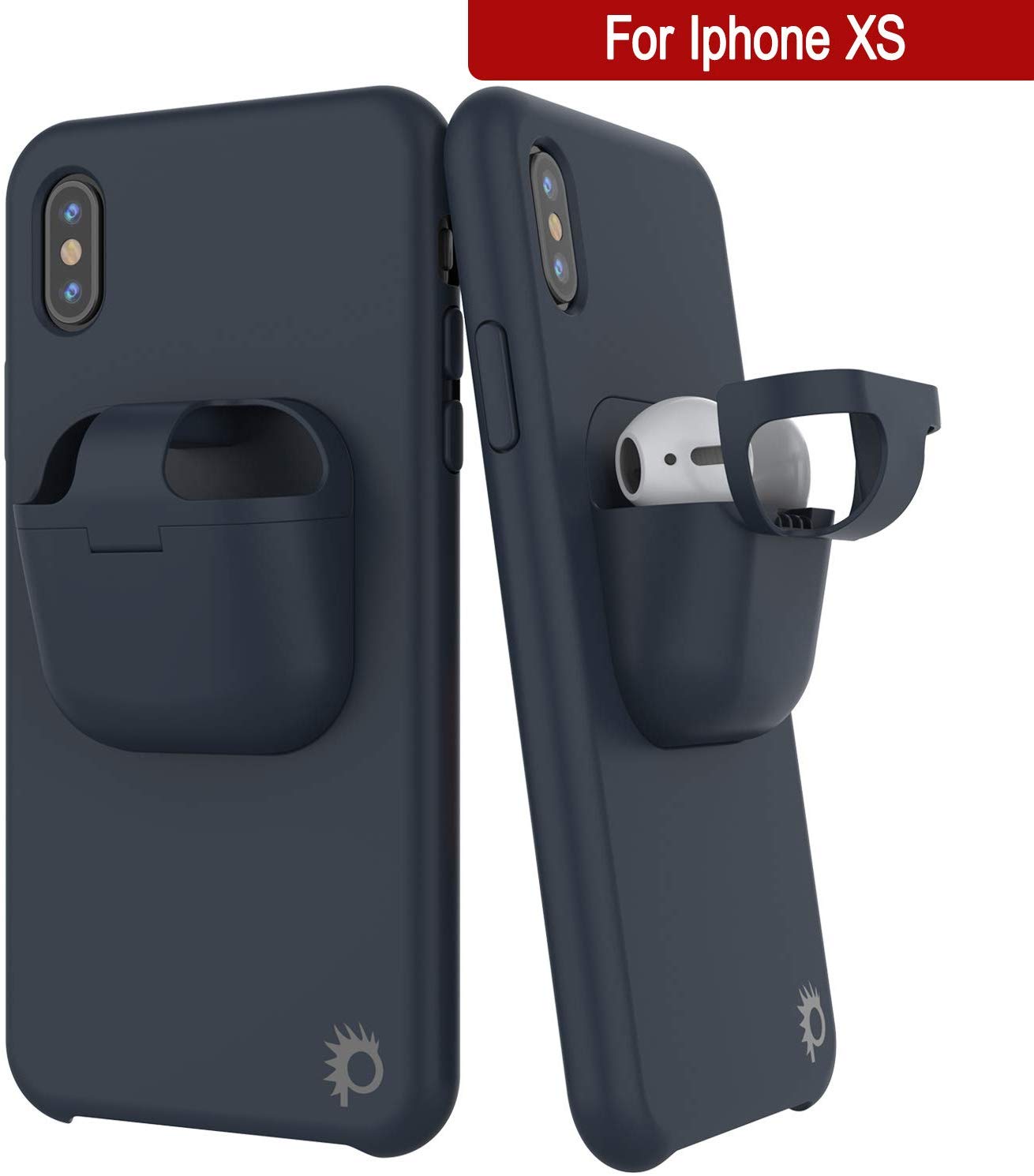 Punkcase iPhone XS Airpods Case Holder (CenterPods Series) | Slim & Durable 2 in 1 Cover Designed for iPhone XS (6.1") | Protects Your Phone & Stores Your AirPods Gen. 1 & 2 [Navy Blue]