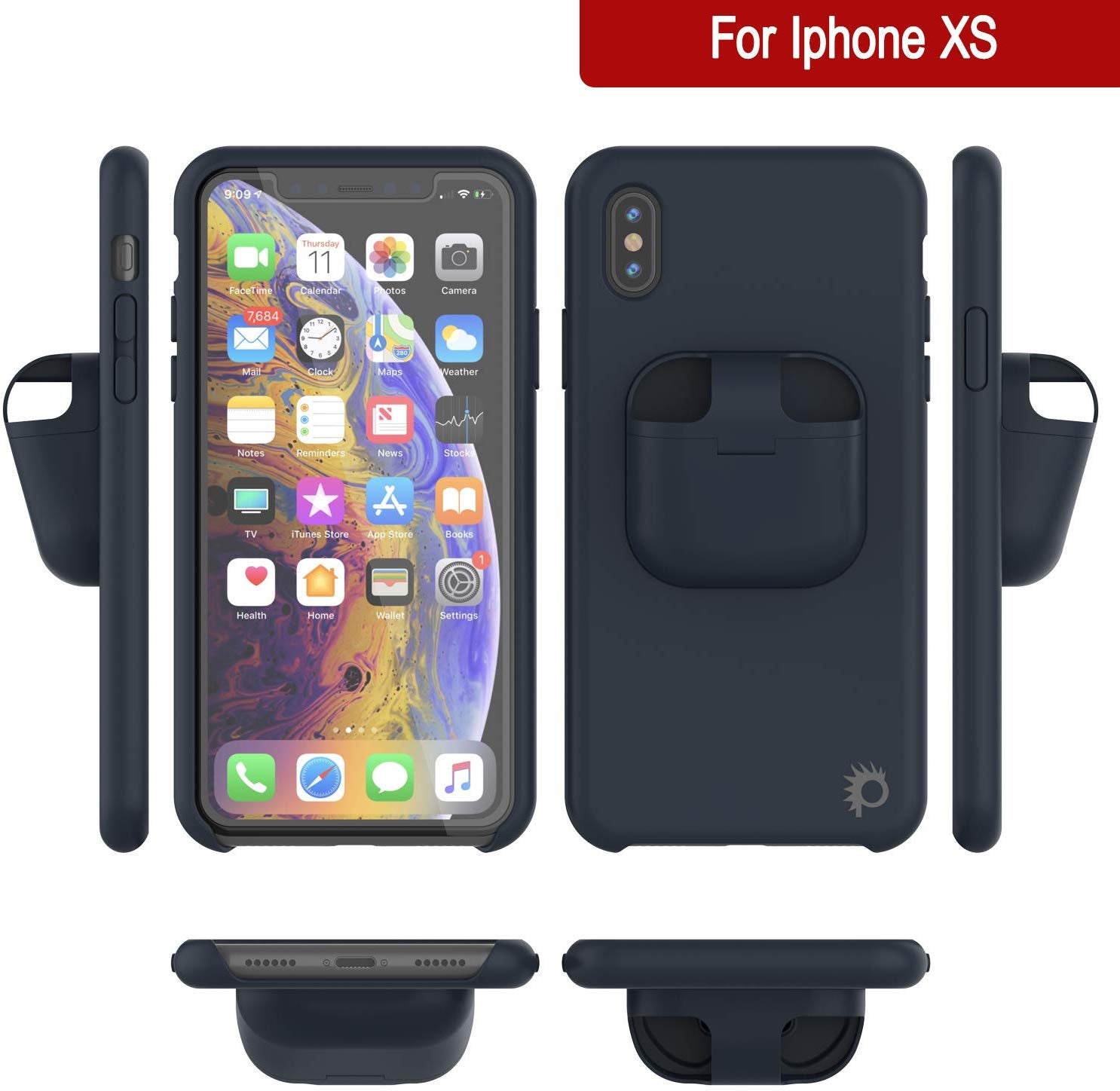 Punkcase iPhone XS Airpods Case Holder (CenterPods Series) | Slim & Durable 2 in 1 Cover Designed for iPhone XS (6.1") | Protects Your Phone & Stores Your AirPods Gen. 1 & 2 [Navy Blue]