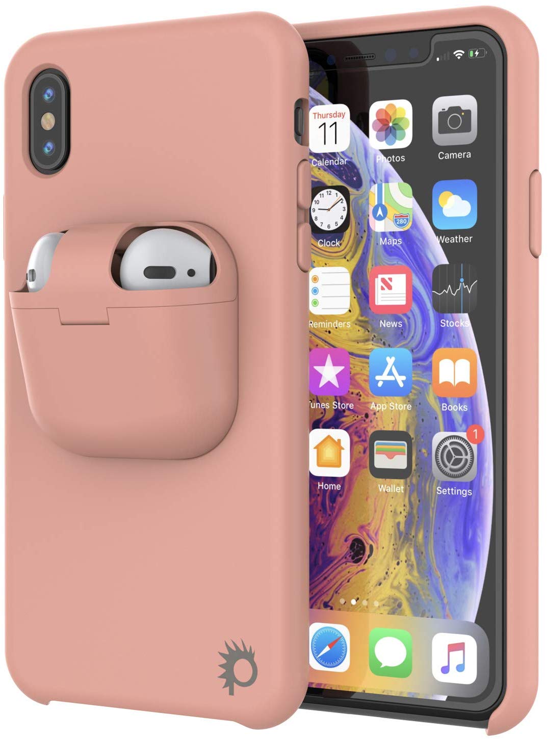 Punkcase iPhone XS Airpods Case Holder (CenterPods Series) | Slim & Durable 2 in 1 Cover Designed for iPhone XS (6.1") | Protects Your Phone & Stores Your AirPods Gen. 1 & 2 [Pink]