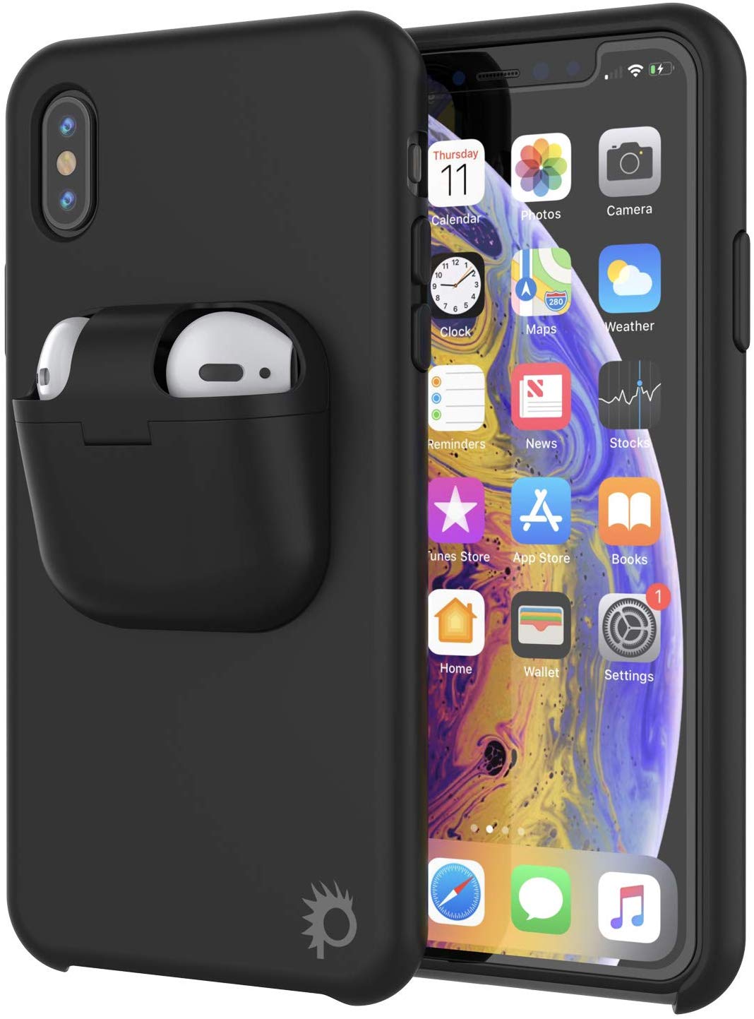 Punkcase iPhone XS Airpods Case Holder (CenterPods Series) | Slim & Durable 2 in 1 Cover Designed for iPhone XS (6.1") | Protects Your Phone & Stores Your AirPods Gen. 1 & 2 [Black]