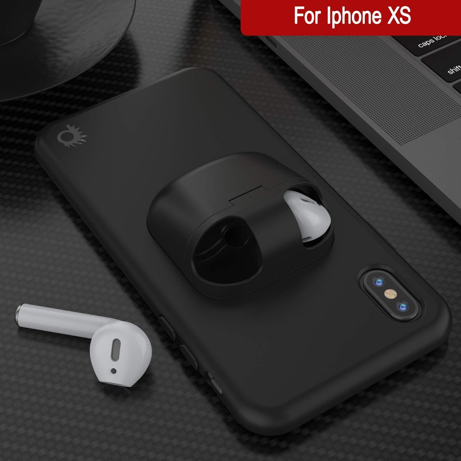Punkcase iPhone XS Airpods Case Holder (CenterPods Series) | Slim & Durable 2 in 1 Cover Designed for iPhone XS (6.1") | Protects Your Phone & Stores Your AirPods Gen. 1 & 2 [Black]