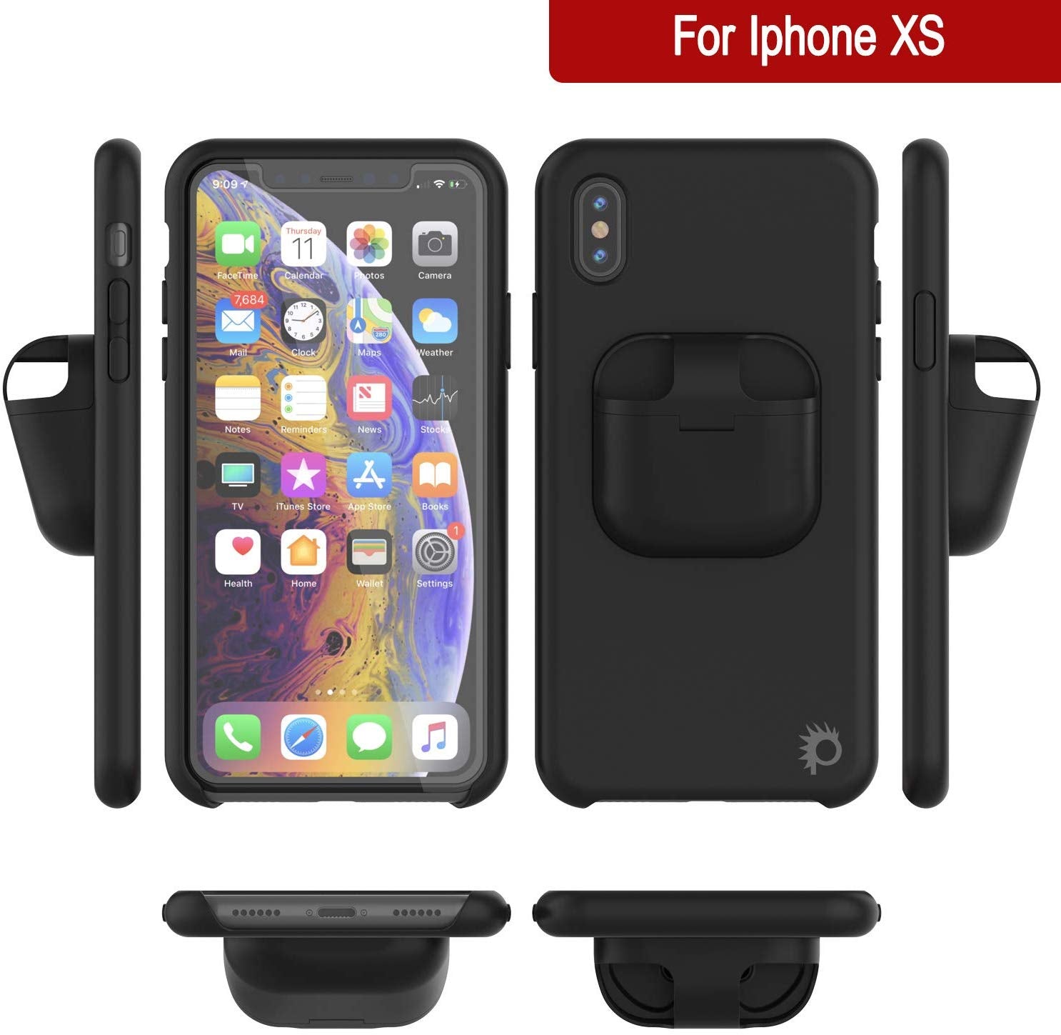 Punkcase iPhone XS Airpods Case Holder (CenterPods Series) | Slim & Durable 2 in 1 Cover Designed for iPhone XS (6.1") | Protects Your Phone & Stores Your AirPods Gen. 1 & 2 [Black]