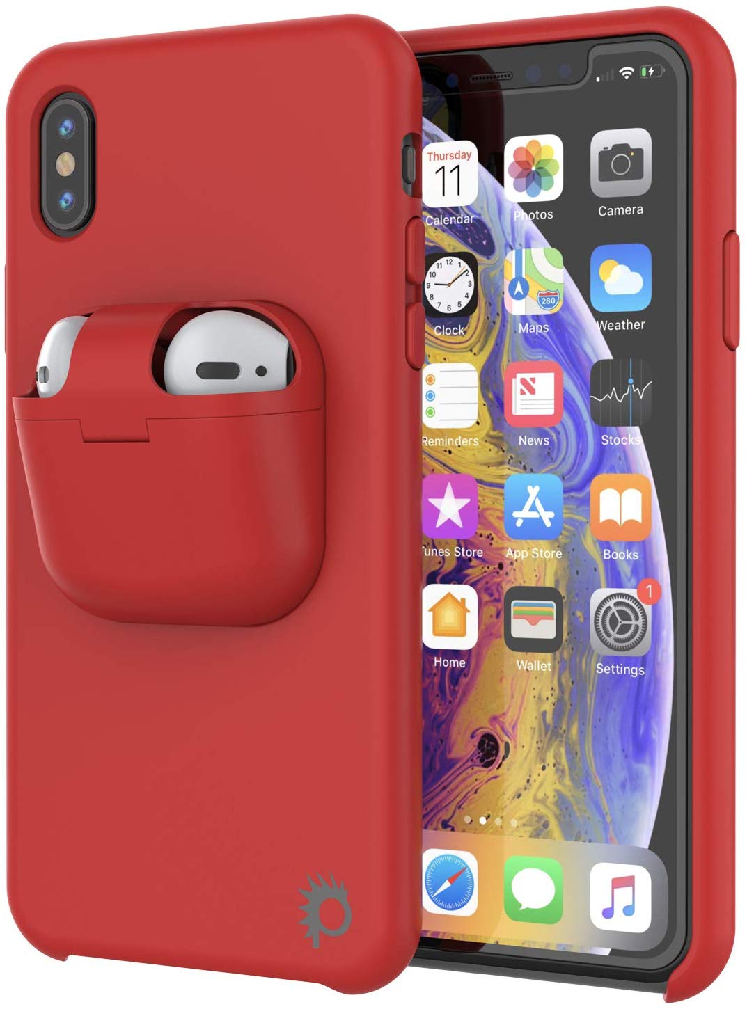 Punkcase iPhone XS Airpods Case Holder (CenterPods Series) | Slim & Durable 2 in 1 Cover Designed for iPhone XS (6.1") | Protects Your Phone & Stores Your AirPods Gen. 1 & 2 [Red]
