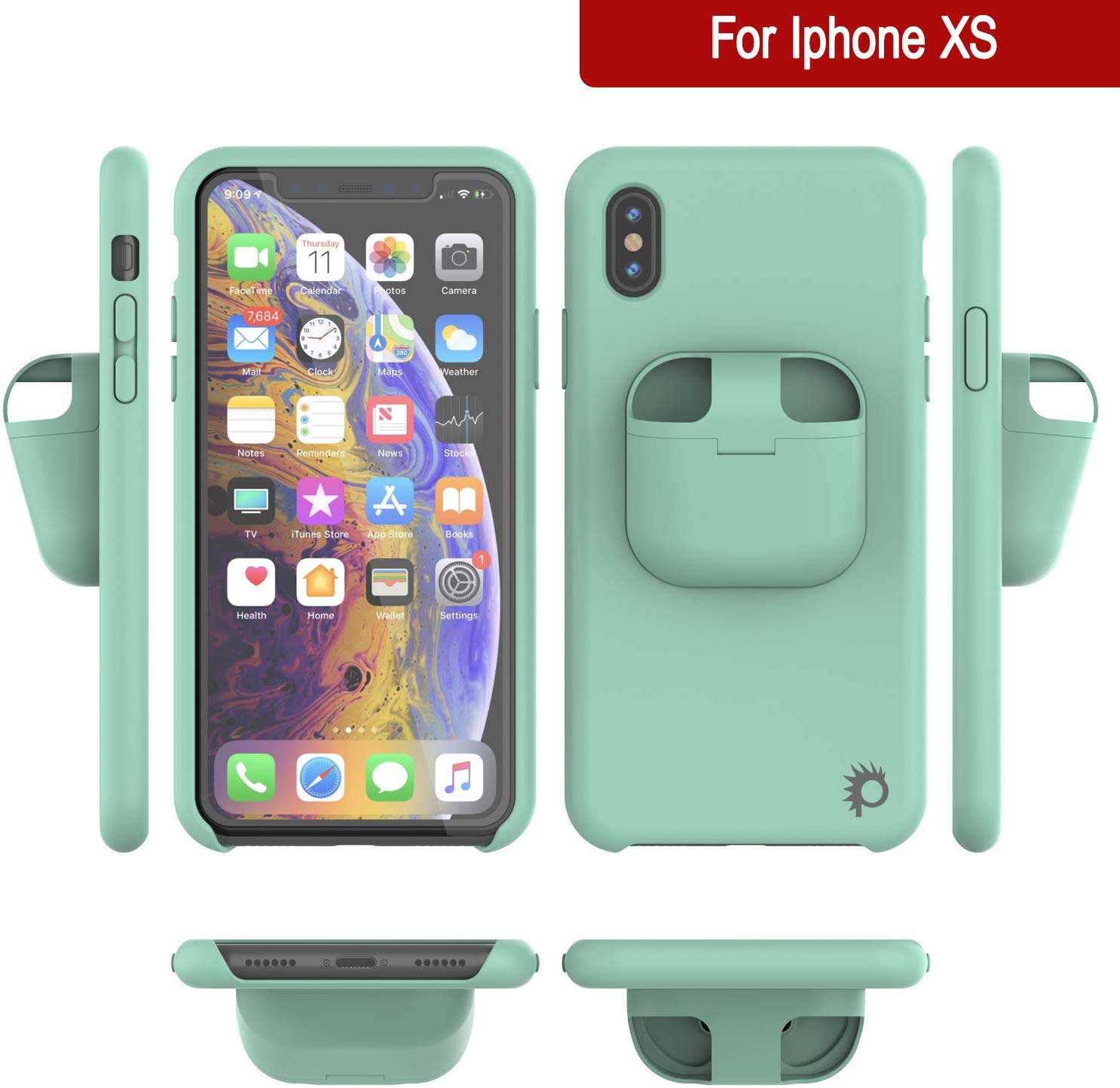 Punkcase iPhone XS Airpods Case Holder (CenterPods Series) | Slim & Durable 2 in 1 Cover Designed for iPhone XS (6.1") | Protects Your Phone & Stores Your AirPods Gen. 1 & 2 [Teal]