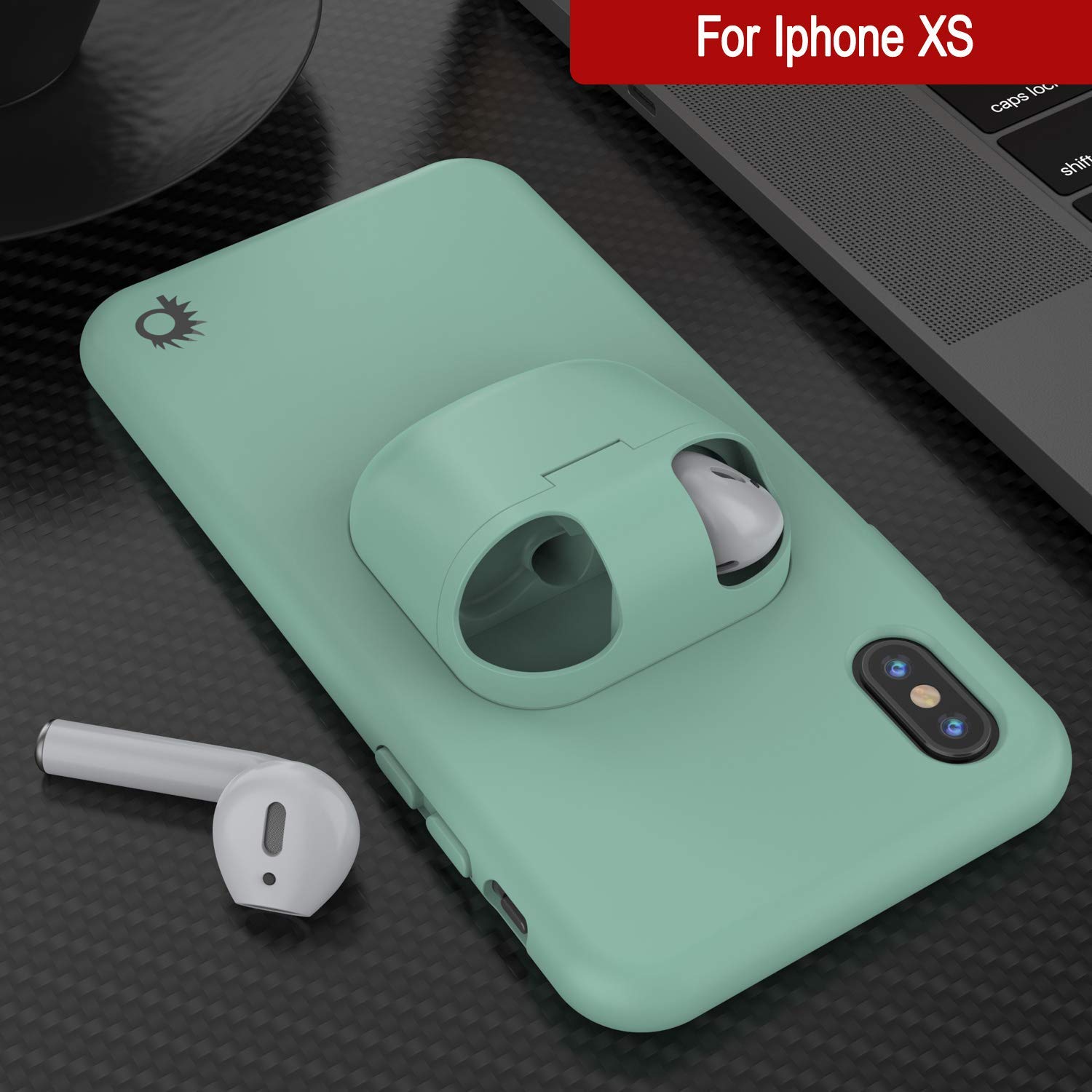 Punkcase iPhone XS Airpods Case Holder (CenterPods Series) | Slim & Durable 2 in 1 Cover Designed for iPhone XS (6.1") | Protects Your Phone & Stores Your AirPods Gen. 1 & 2 [Teal]