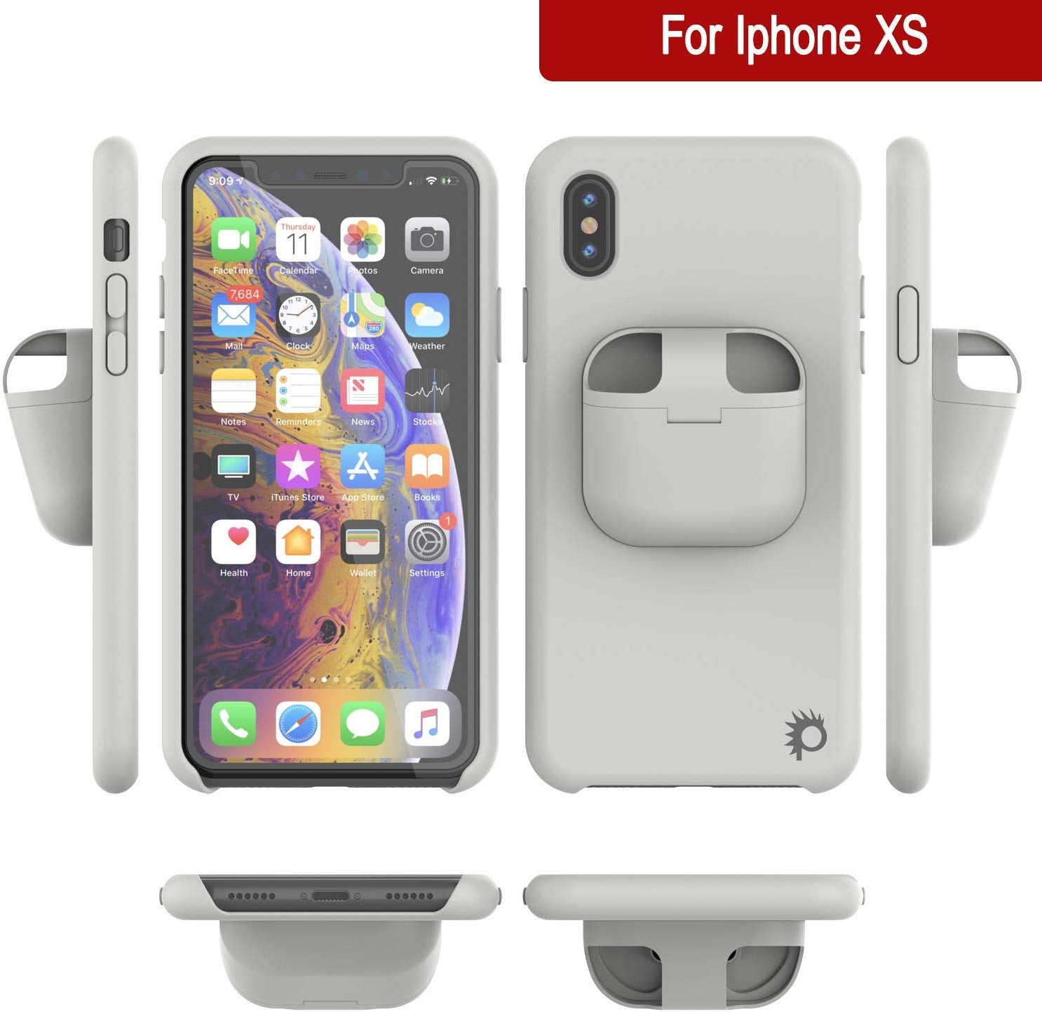 Punkcase iPhone XS Airpods Case Holder (CenterPods Series) | Slim & Durable 2 in 1 Cover Designed for iPhone XS (6.1") | Protects Your Phone & Stores Your AirPods Gen. 1 & 2 [White]
