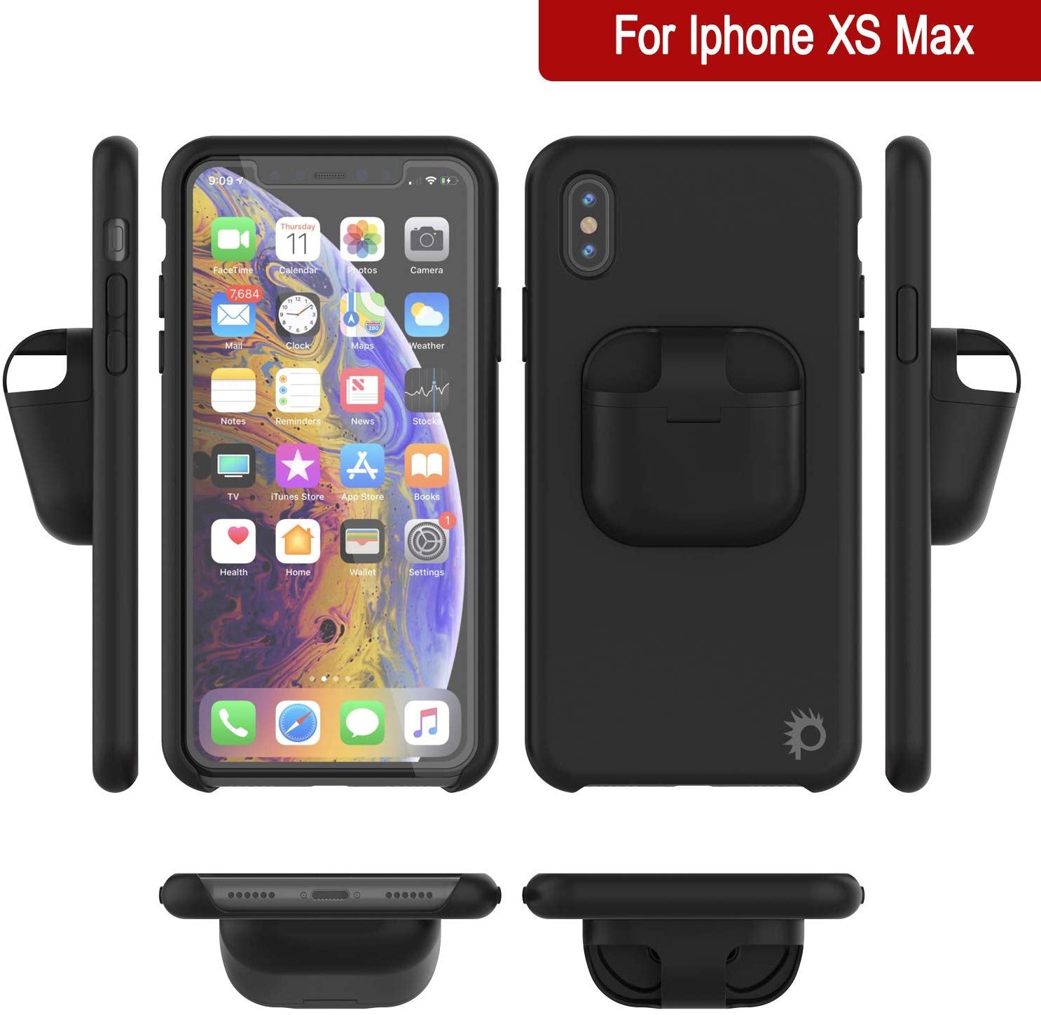 Punkcase iPhone XS Max Airpods Case Holder (CenterPods Series) | Slim & Durable 2 in 1 Cover Designed for iPhone XS Max (6.1") | Protects Your Phone & Stores Your AirPods Gen. 1 & 2 [Black]