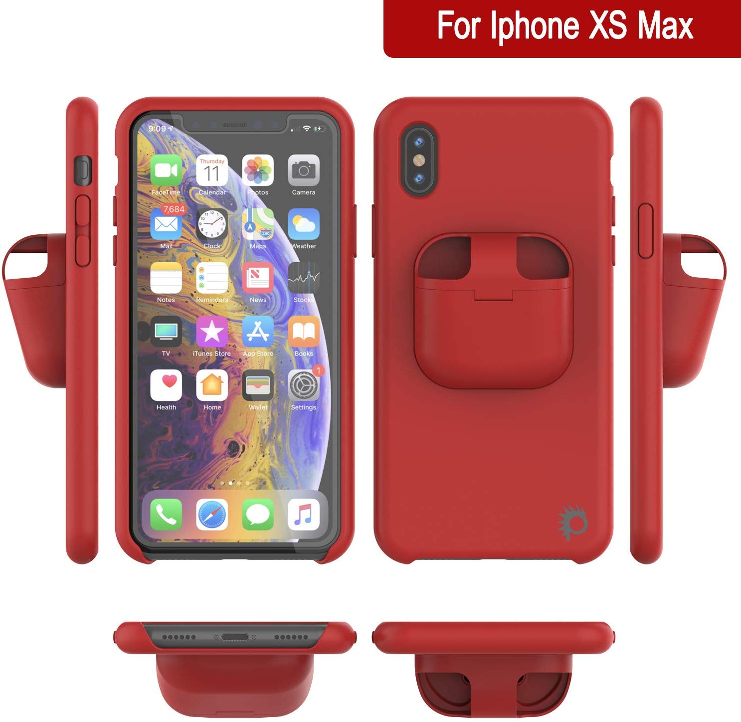 Punkcase iPhone XS Max Airpods Case Holder (CenterPods Series) | Slim & Durable 2 in 1 Cover Designed for iPhone XS Max (6.1") | Protects Your Phone & Stores Your AirPods Gen. 1 & 2 [Red]