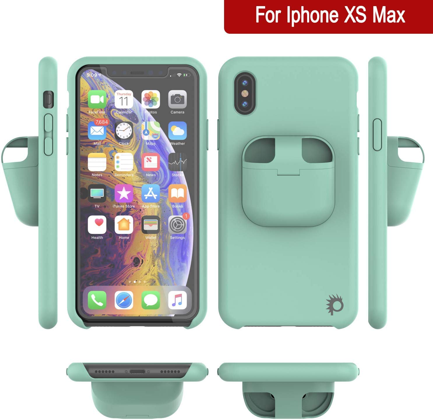 Punkcase iPhone XS Max Airpods Case Holder (CenterPods Series) | Slim & Durable 2 in 1 Cover Designed for iPhone XS Max (6.1") | Protects Your Phone & Stores Your AirPods Gen. 1 & 2 [Teal]