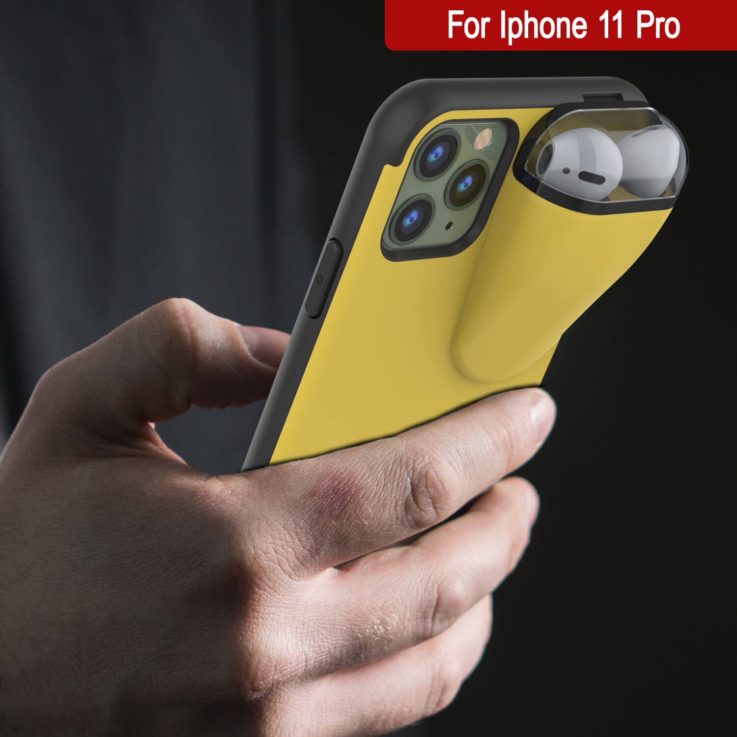 Punkcase iPhone 11 Pro Airpods Case Holder (TopPods Series) | Slim & Durable 2 in 1 Cover Designed for iPhone 11 Pro (6.1") | Protects Your Phone & Stores Your AirPods Gen. 1 & 2 [Yellow]