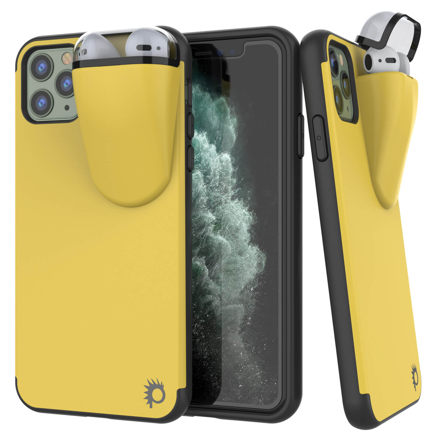 Punkcase iPhone 11 Pro Airpods Case Holder (TopPods Series) | Slim & Durable 2 in 1 Cover Designed for iPhone 11 Pro (6.1") | Protects Your Phone & Stores Your AirPods Gen. 1 & 2 [Yellow]