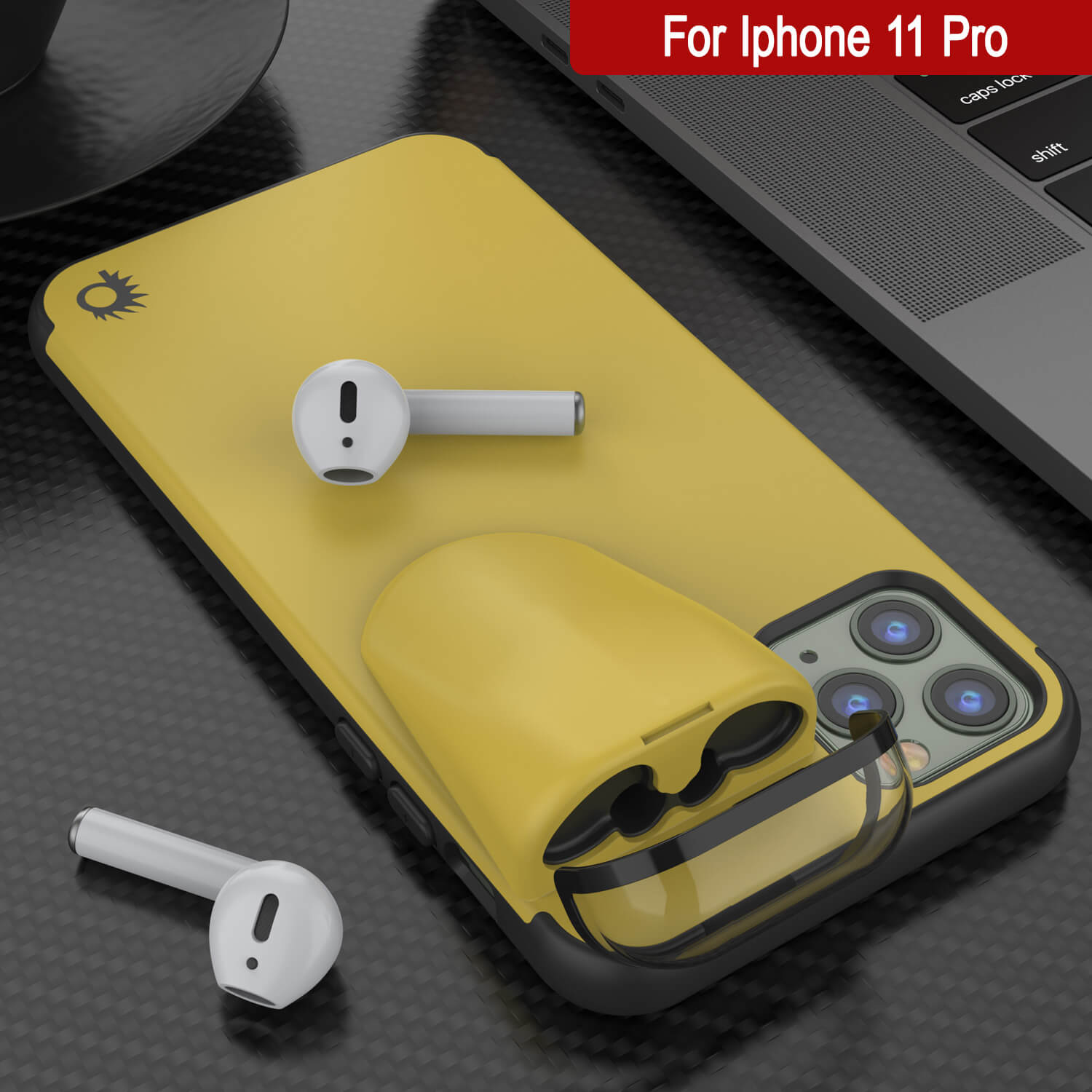 Punkcase iPhone 11 Pro Airpods Case Holder (TopPods Series) | Slim & Durable 2 in 1 Cover Designed for iPhone 11 Pro (6.1") | Protects Your Phone & Stores Your AirPods Gen. 1 & 2 [Yellow]