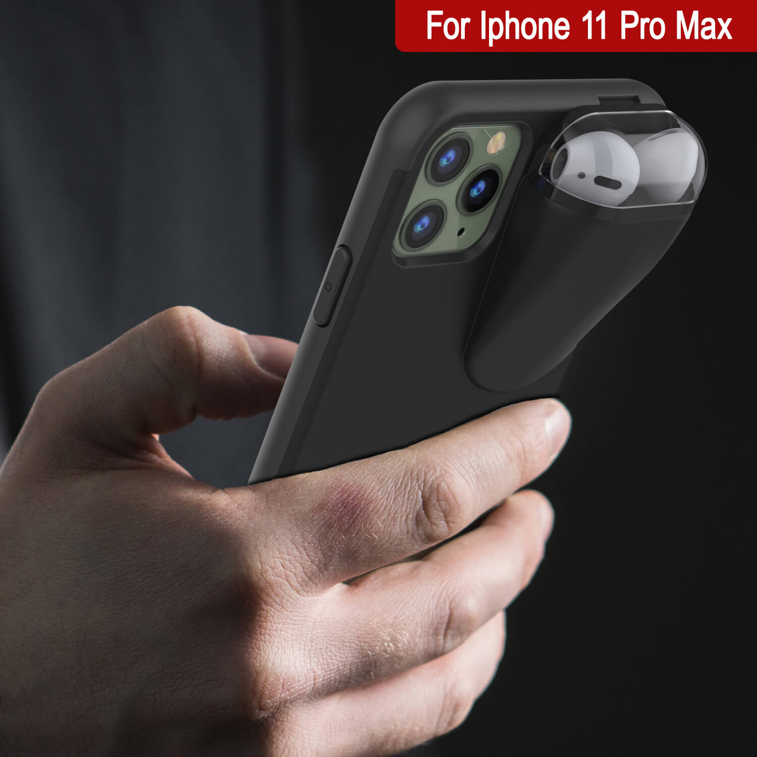 Punkcase iPhone 11 Pro Max Airpods Case Holder (TopPods Series) | Slim & Durable 2 in 1 Cover Designed for iPhone 11 Pro Max (6.1") | Protects Your Phone & Stores Your AirPods Gen. 1 & 2 [Black]