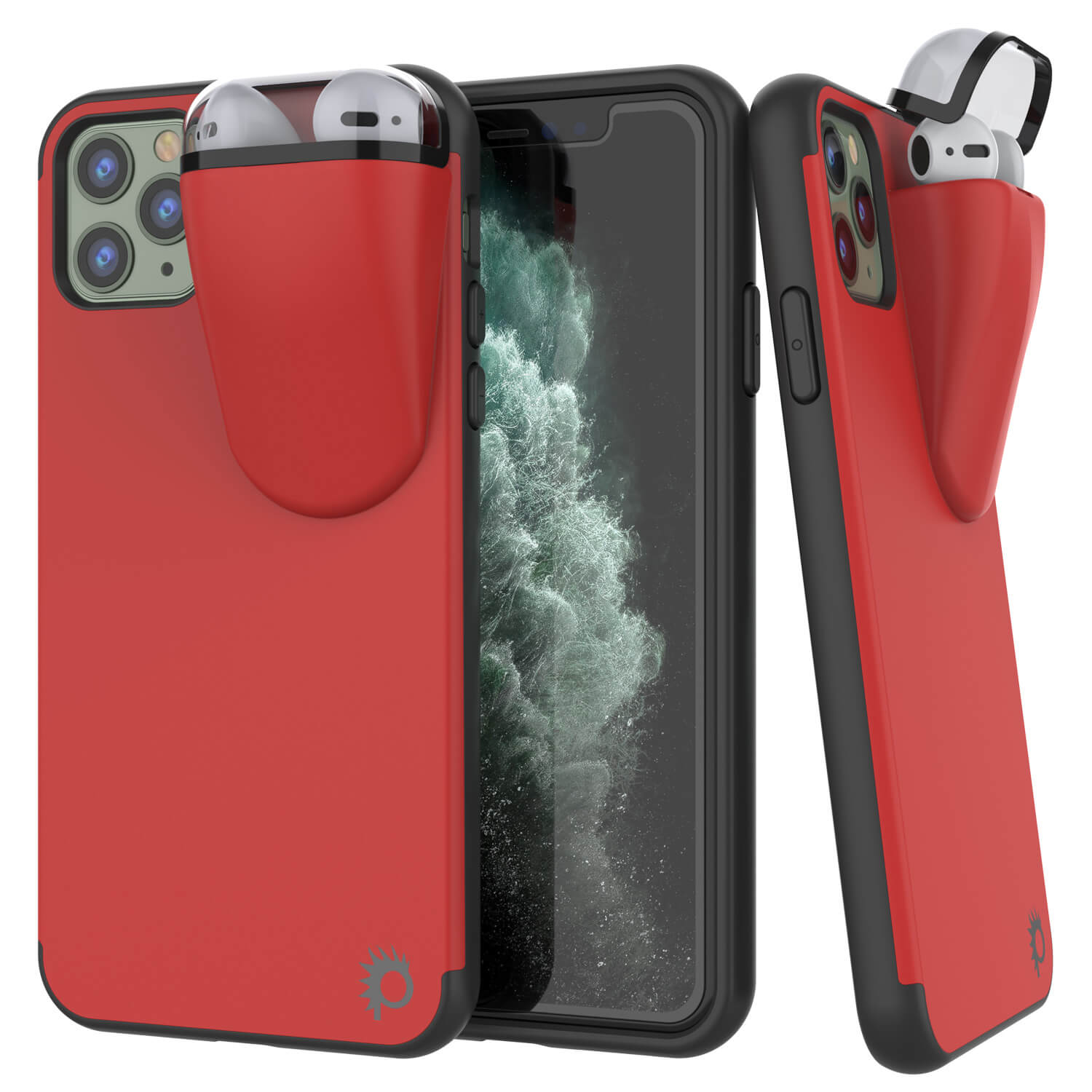 Punkcase iPhone 11 Pro Max Airpods Case Holder (TopPods Series) | Slim & Durable 2 in 1 Cover Designed for iPhone 11 Pro Max (6.1") | Protects Your Phone & Stores Your AirPods Gen. 1 & 2 [Red]