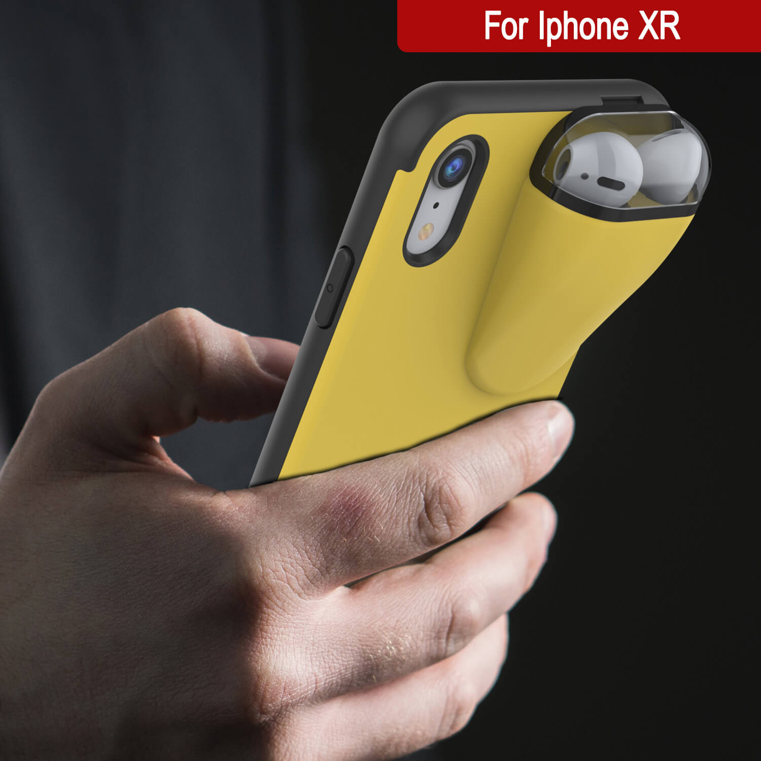 Punkcase iPhone XR Airpods Case Holder (TopPods Series) | Slim & Durable 2 in 1 Cover Designed for iPhone XR (6.1") | Protects Your Phone & Stores Your AirPods Gen. 1 & 2 [Yellow]