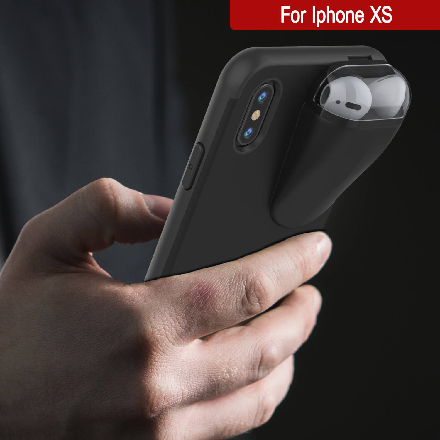 Punkcase iPhone XS Airpods Case Holder (TopPods Series) | Slim & Durable 2 in 1 Cover Designed for iPhone XS (6.1") | Protects Your Phone & Stores Your AirPods Gen. 1 & 2 [Black]