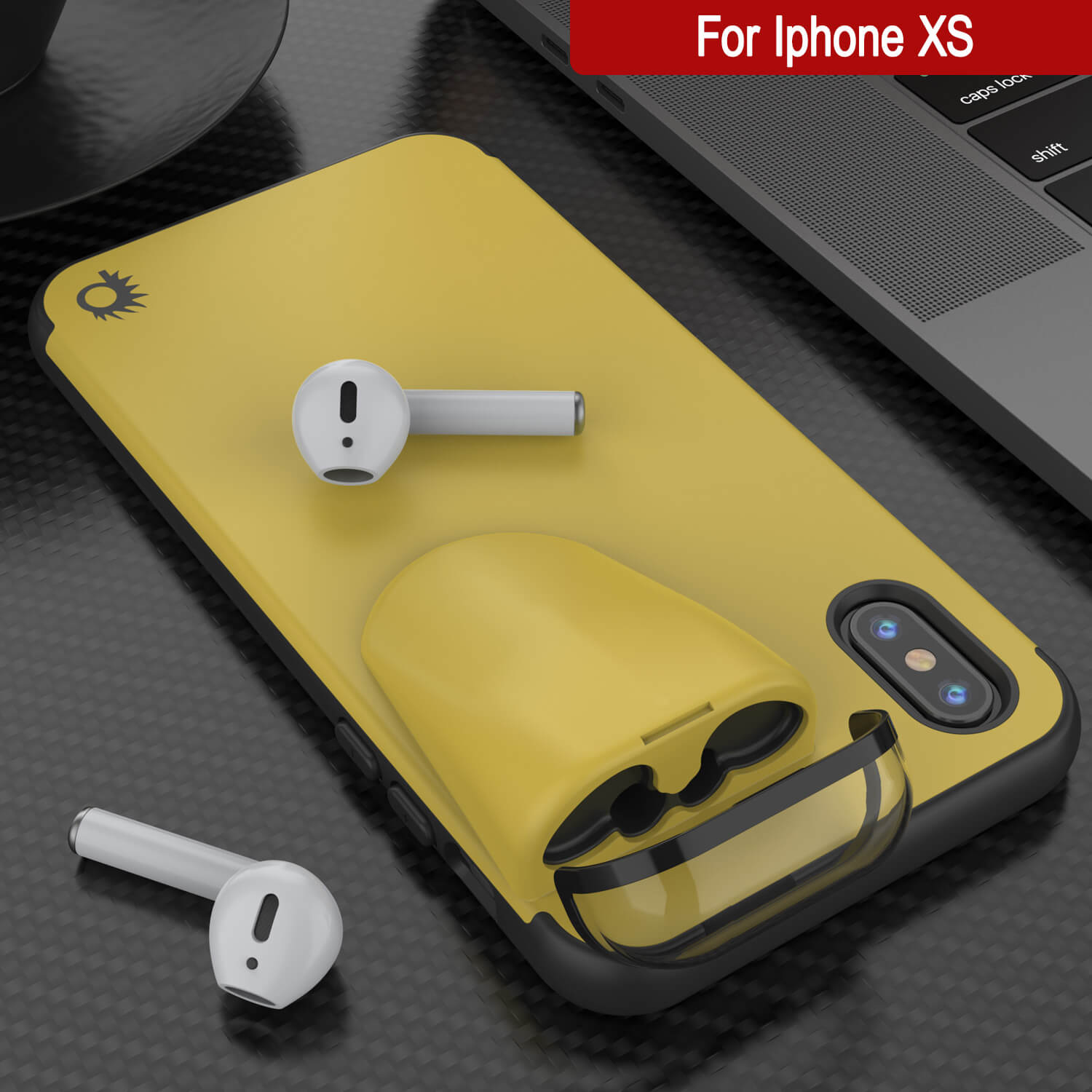 Punkcase iPhone XS Airpods Case Holder (TopPods Series) | Slim & Durable 2 in 1 Cover Designed for iPhone XS (6.1") | Protects Your Phone & Stores Your AirPods Gen. 1 & 2 [Yellow]