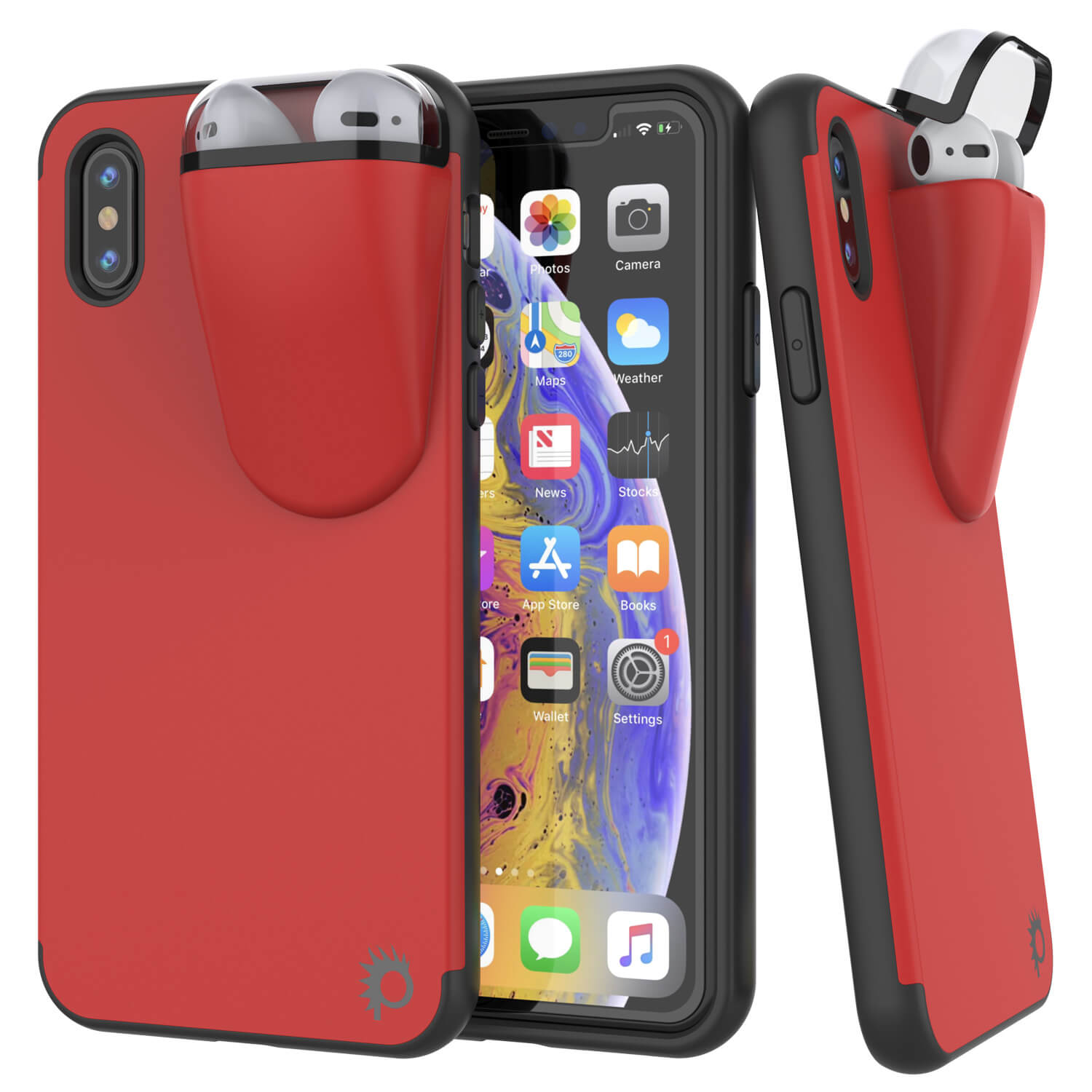 Punkcase iPhone XS Max Airpods Case Holder (TopPods Series) | Slim & Durable 2 in 1 Cover Designed for iPhone XS Max (6.1") | Protects Your Phone & Stores Your AirPods Gen. 1 & 2 [Red]