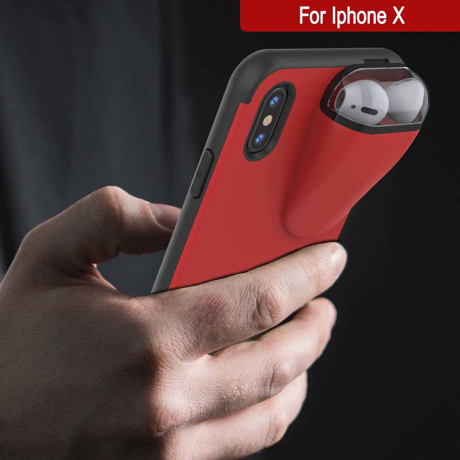 Punkcase iPhone X Airpods Case Holder (TopPods Series) | Slim & Durable 2 in 1 Cover Designed for iPhone X (6.1") | Protects Your Phone & Stores Your AirPods Gen. 1 & 2 [Red]