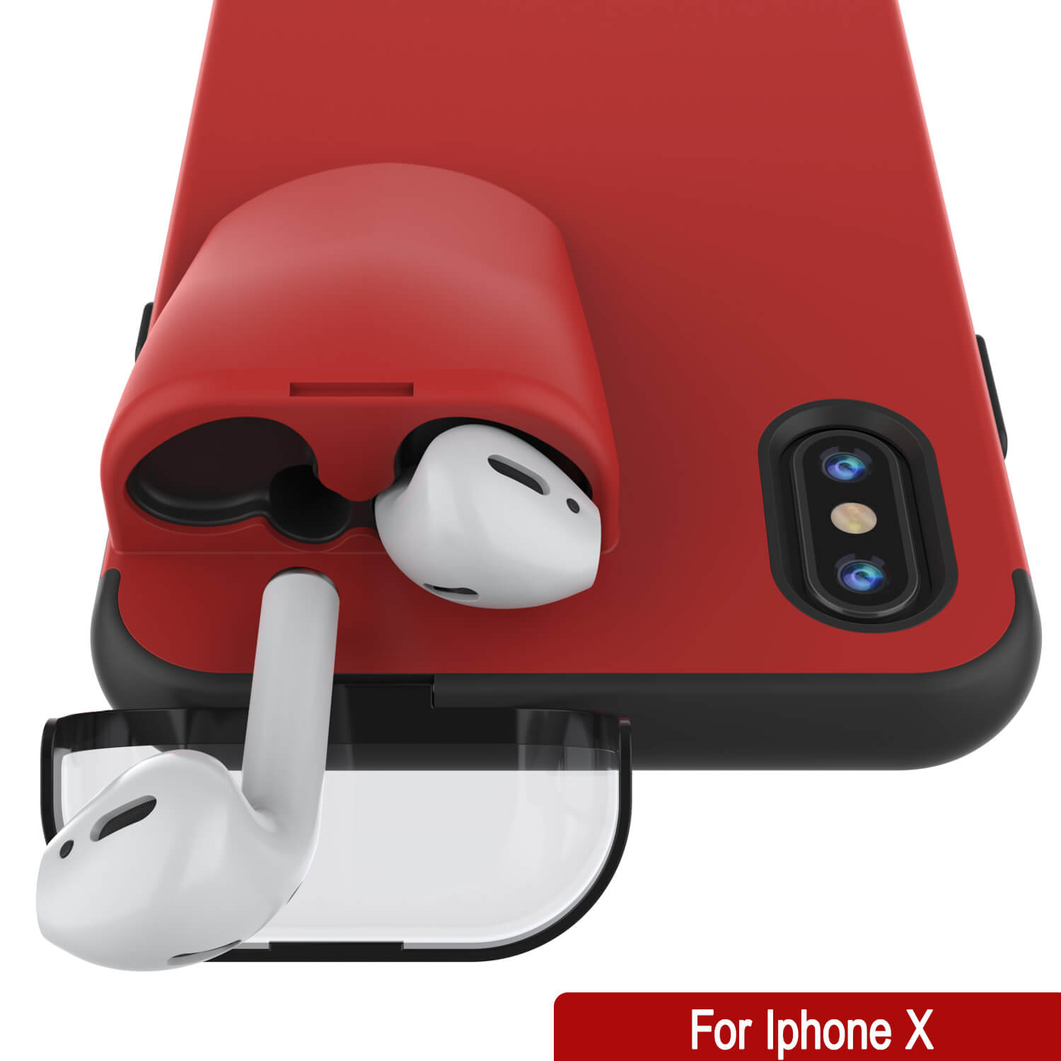 Punkcase iPhone X Airpods Case Holder (TopPods Series) | Slim & Durable 2 in 1 Cover Designed for iPhone X (6.1") | Protects Your Phone & Stores Your AirPods Gen. 1 & 2 [Red]