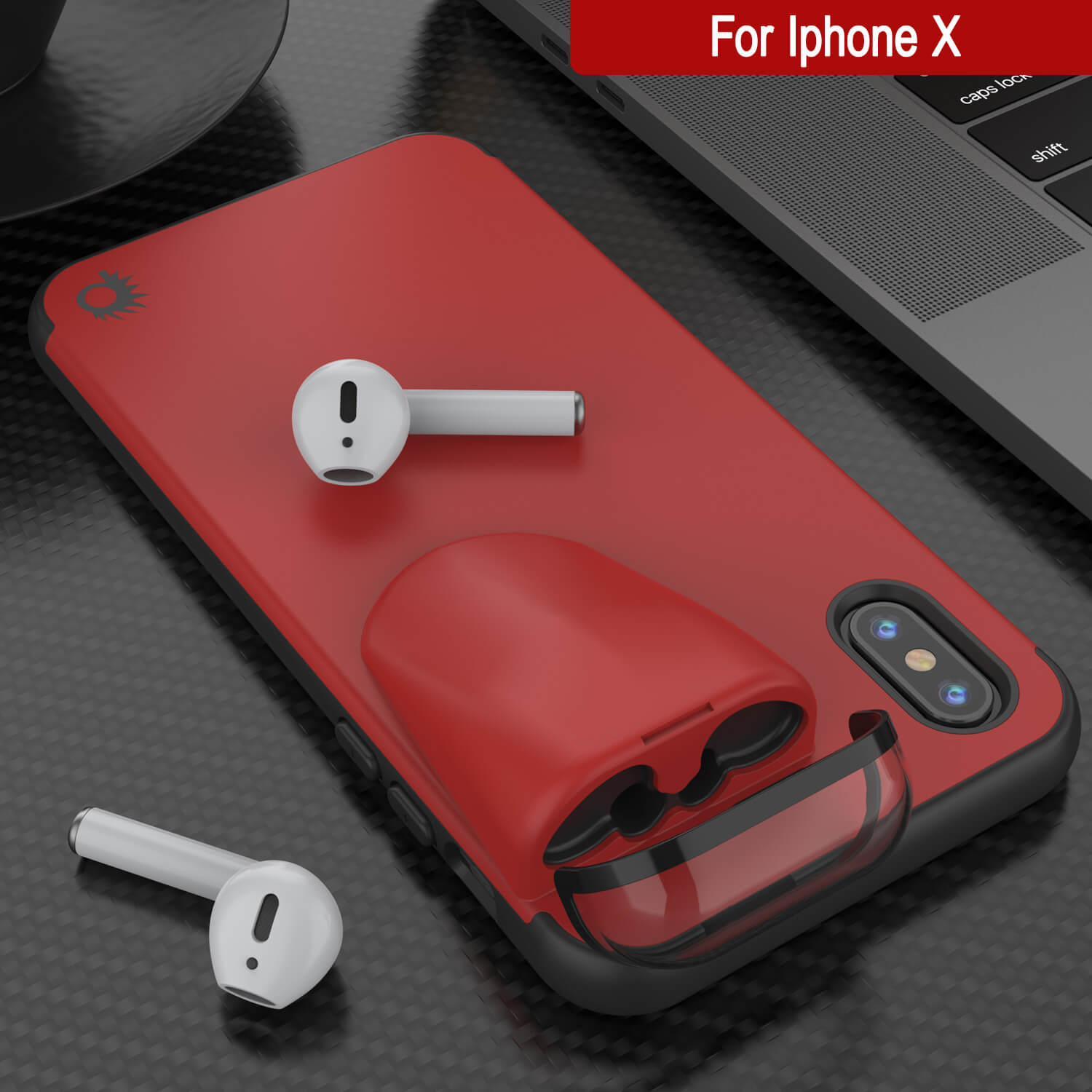 Punkcase iPhone X Airpods Case Holder (TopPods Series) | Slim & Durable 2 in 1 Cover Designed for iPhone X (6.1") | Protects Your Phone & Stores Your AirPods Gen. 1 & 2 [Red]