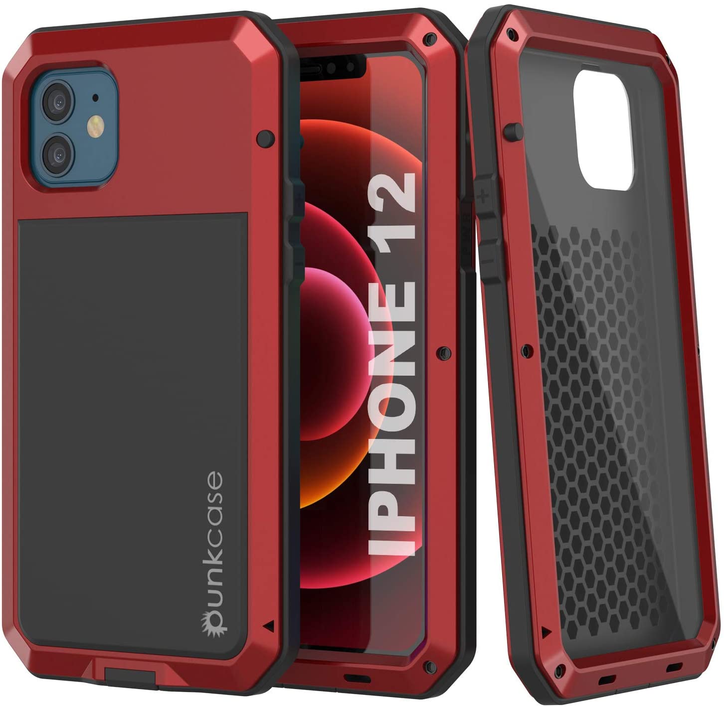 iPhone 12 Metal Case, Heavy Duty Military Grade Armor Cover [shock proof] Full Body Hard [Red]