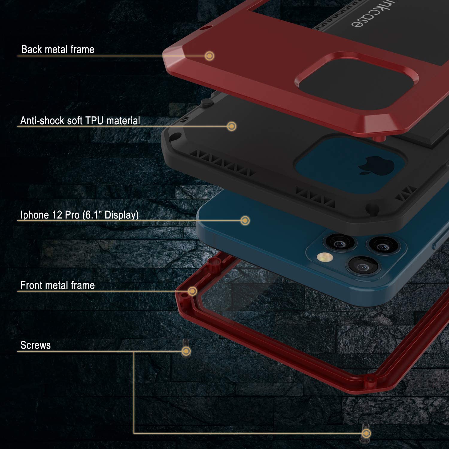 iPhone 12 Pro Metal Case, Heavy Duty Military Grade Armor Cover [shock proof] Full Body Hard [Red]