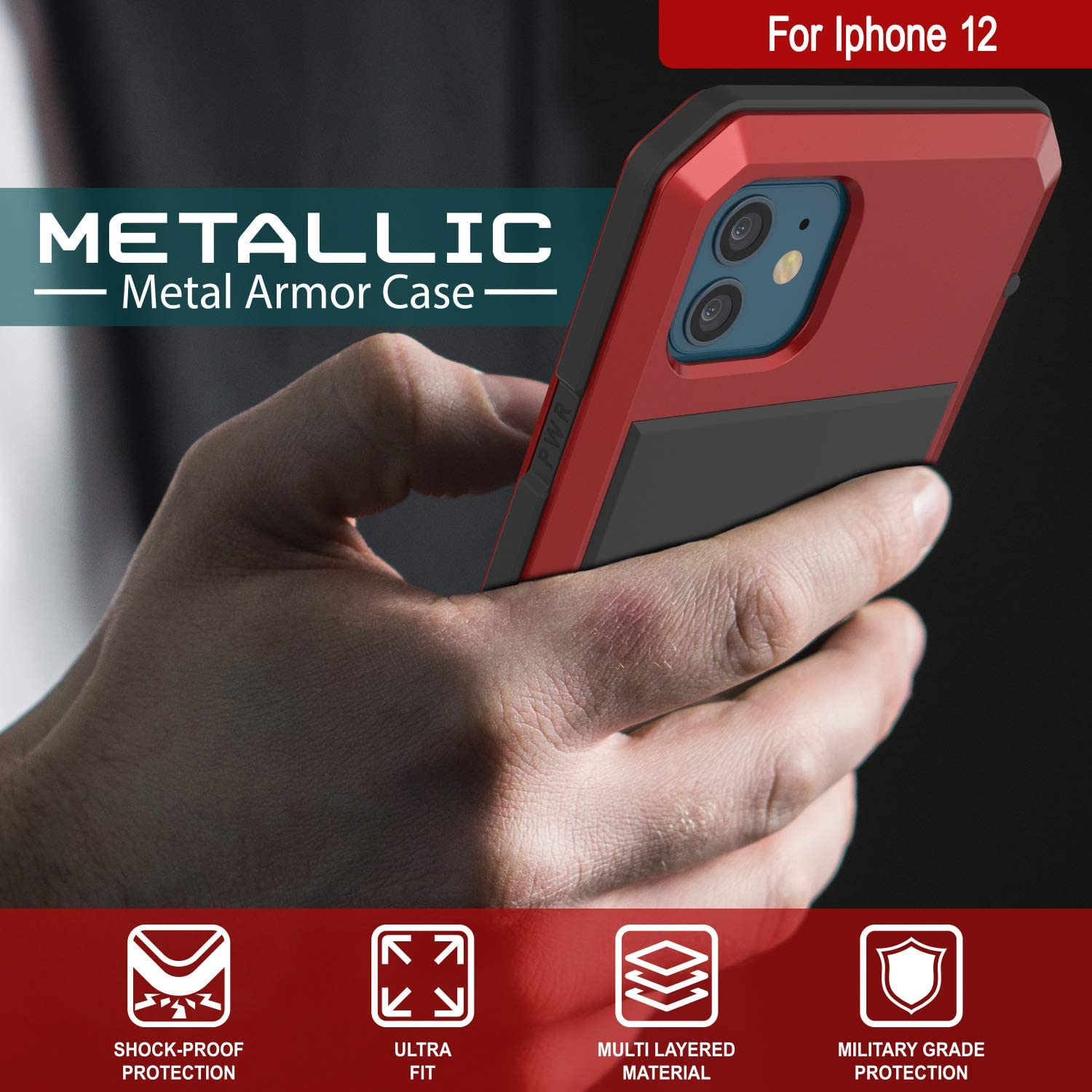 iPhone 12 Metal Case, Heavy Duty Military Grade Armor Cover [shock proof] Full Body Hard [Red]