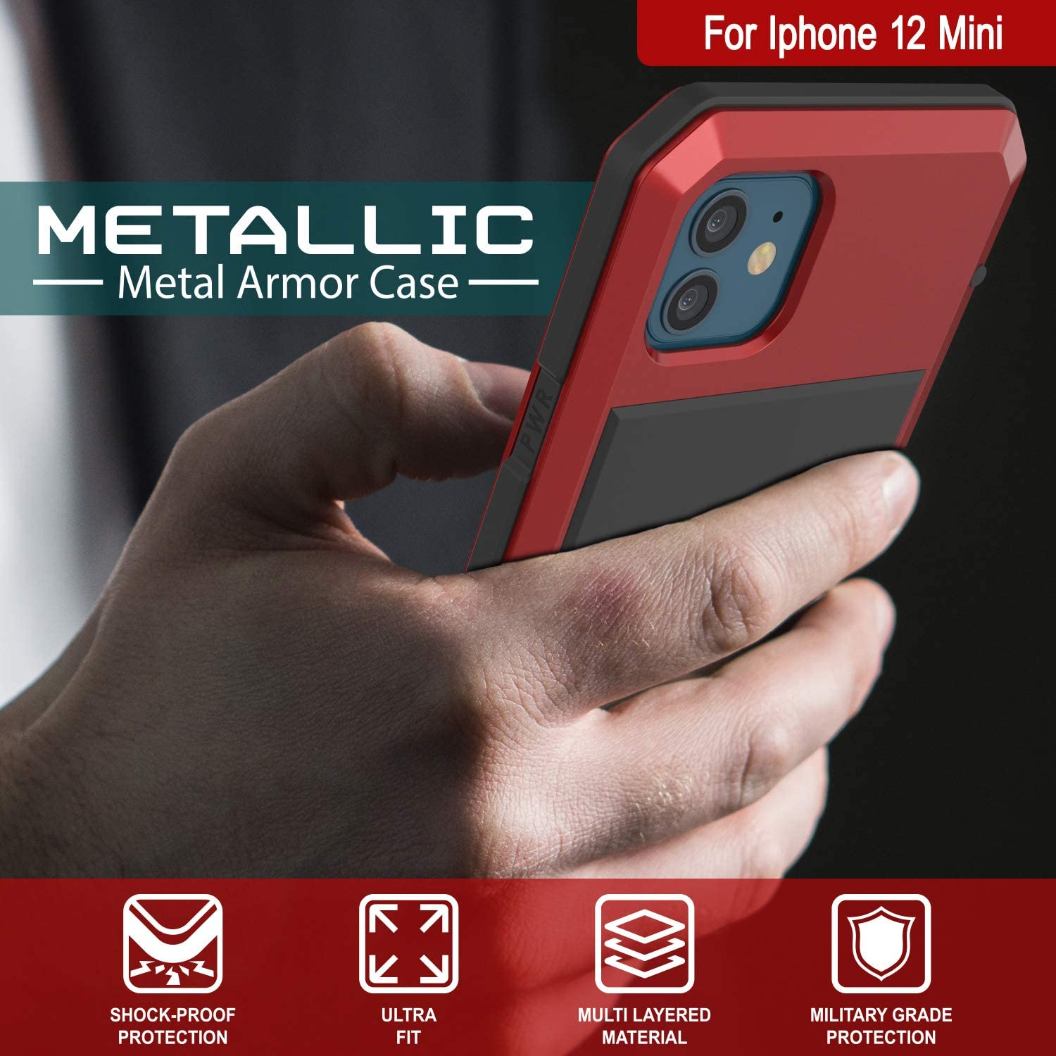 iPhone 12 Mini Metal Case, Heavy Duty Military Grade Armor Cover [shock proof] Full Body Hard [Red]