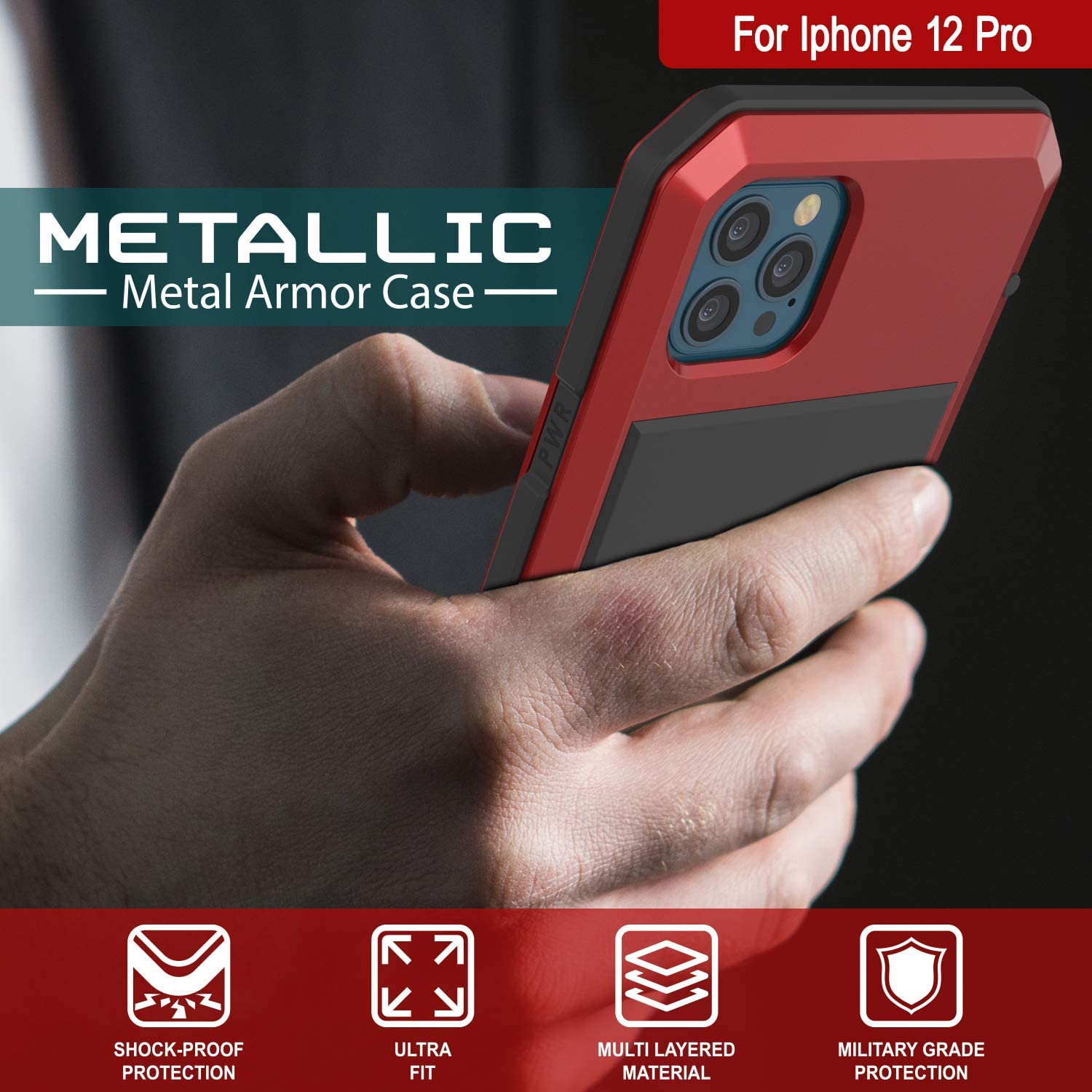iPhone 12 Pro Metal Case, Heavy Duty Military Grade Armor Cover [shock proof] Full Body Hard [Red]