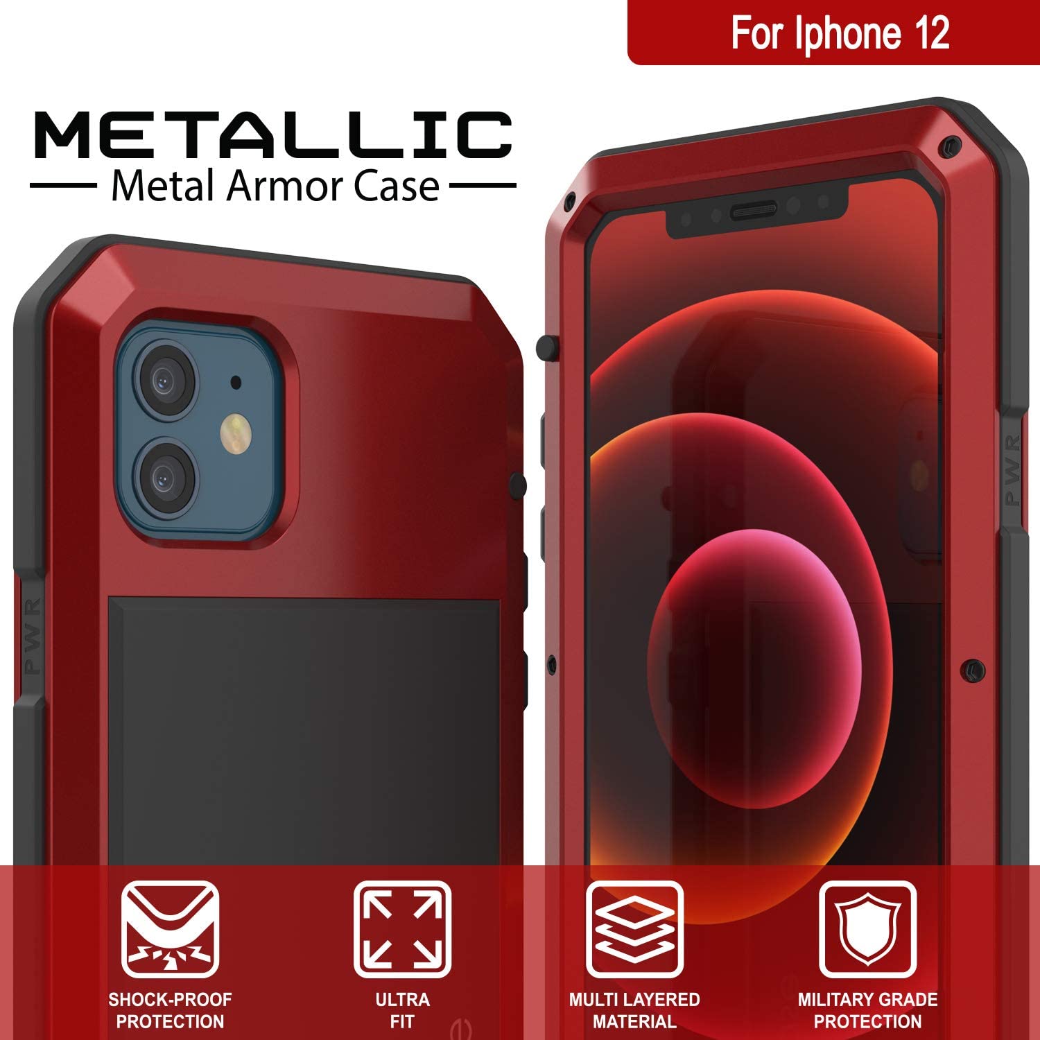 iPhone 12 Metal Case, Heavy Duty Military Grade Armor Cover [shock proof] Full Body Hard [Red]