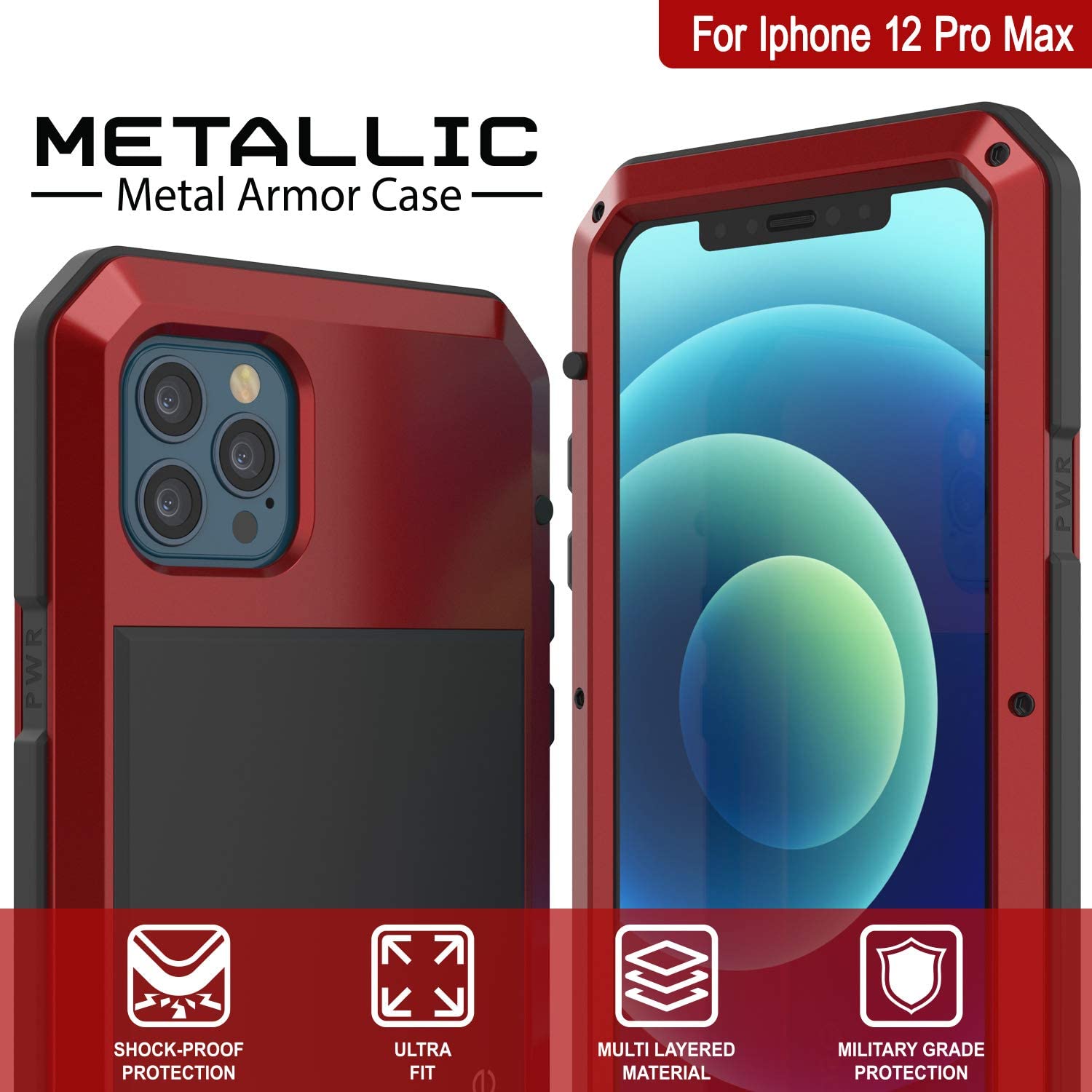 iPhone 12 Pro Max Metal Case, Heavy Duty Military Grade Armor Cover [shock proof] Full Body Hard [Red]