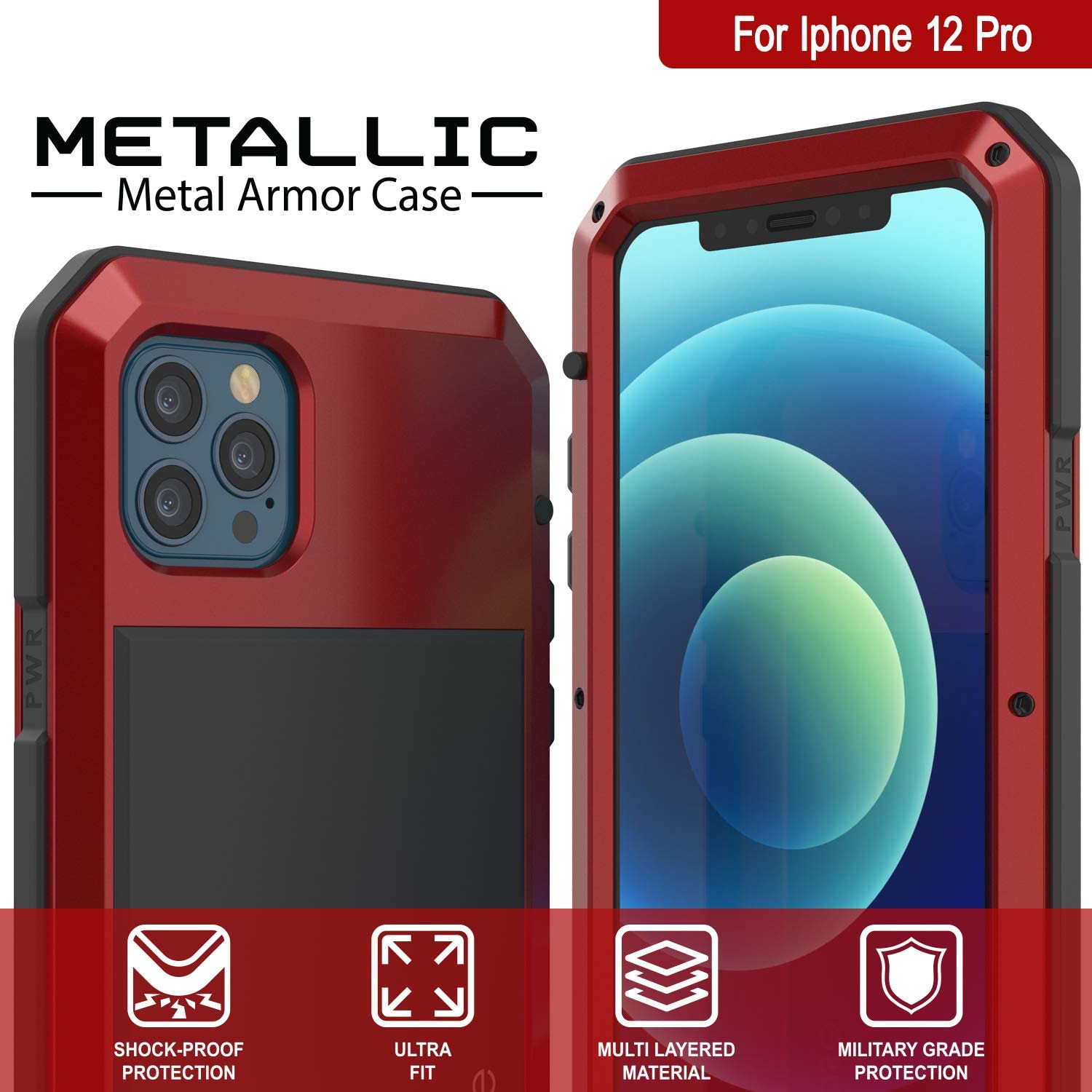 iPhone 12 Pro Metal Case, Heavy Duty Military Grade Armor Cover [shock proof] Full Body Hard [Red]