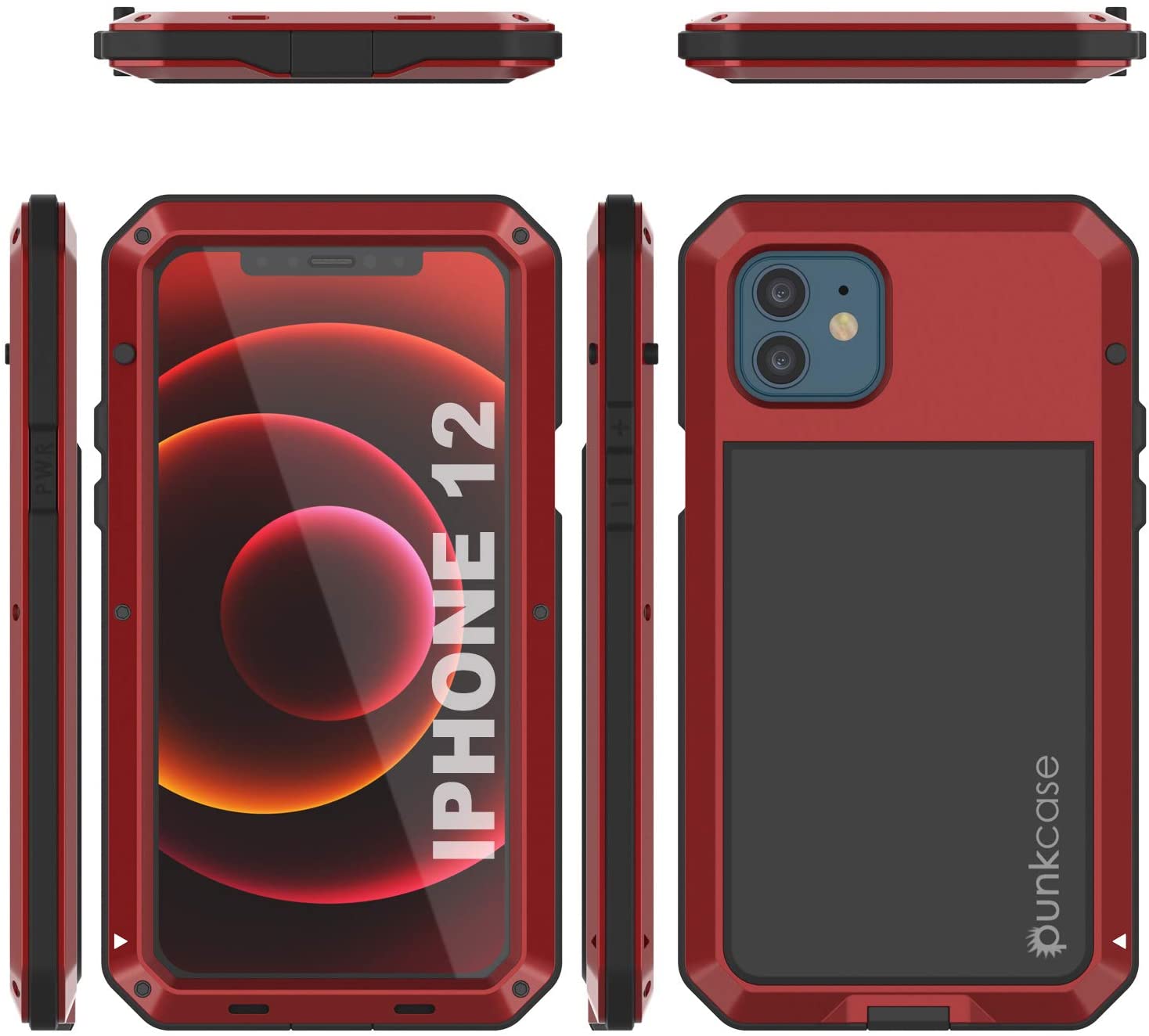 iPhone 12 Metal Case, Heavy Duty Military Grade Armor Cover [shock proof] Full Body Hard [Red]