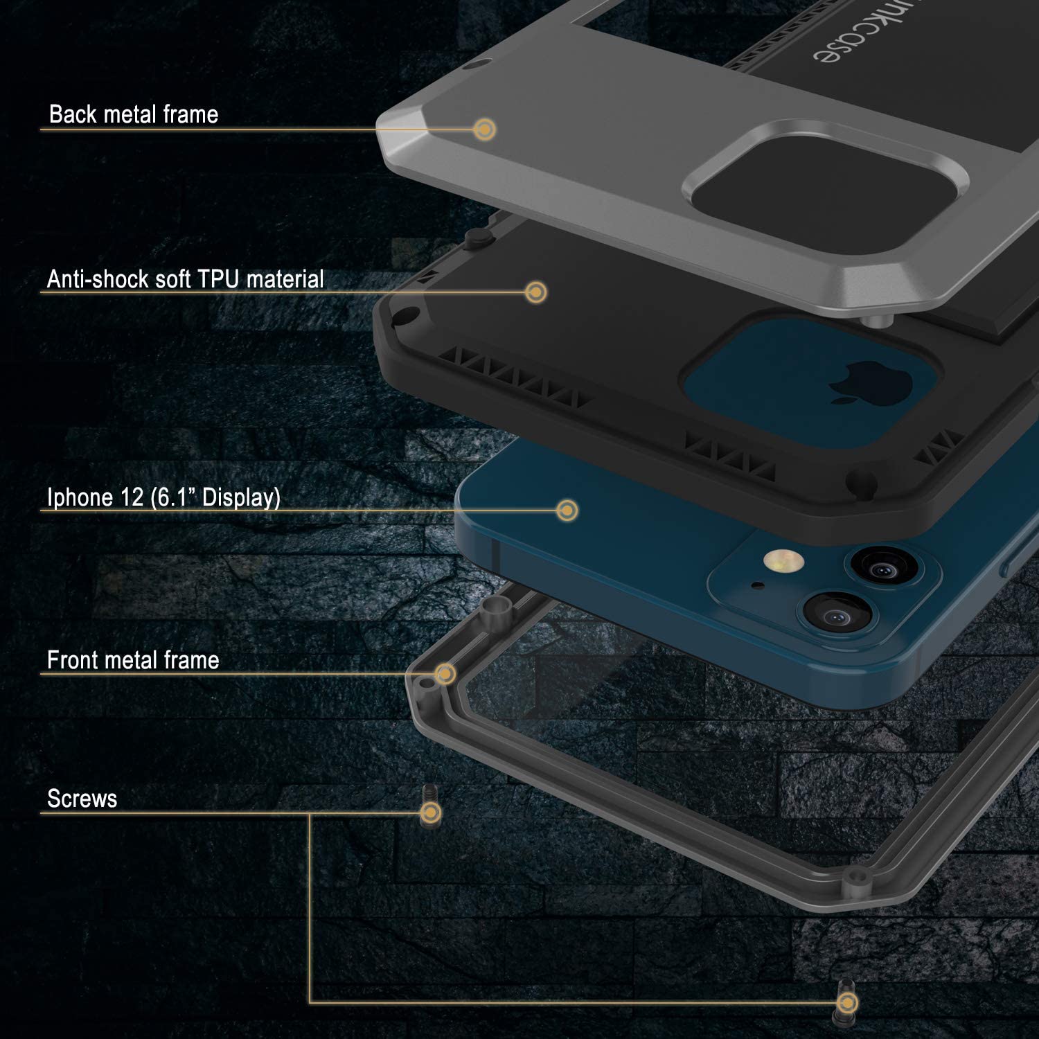 iPhone 12 Metal Case, Heavy Duty Military Grade Armor Cover [shock proof] Full Body Hard [Silver]