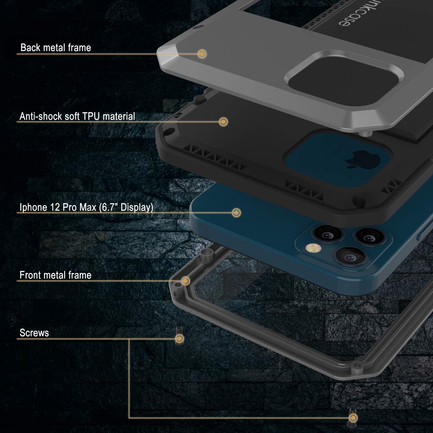 iPhone 12 Pro Max Metal Case, Heavy Duty Military Grade Armor Cover [shock proof] Full Body Hard [Silver]