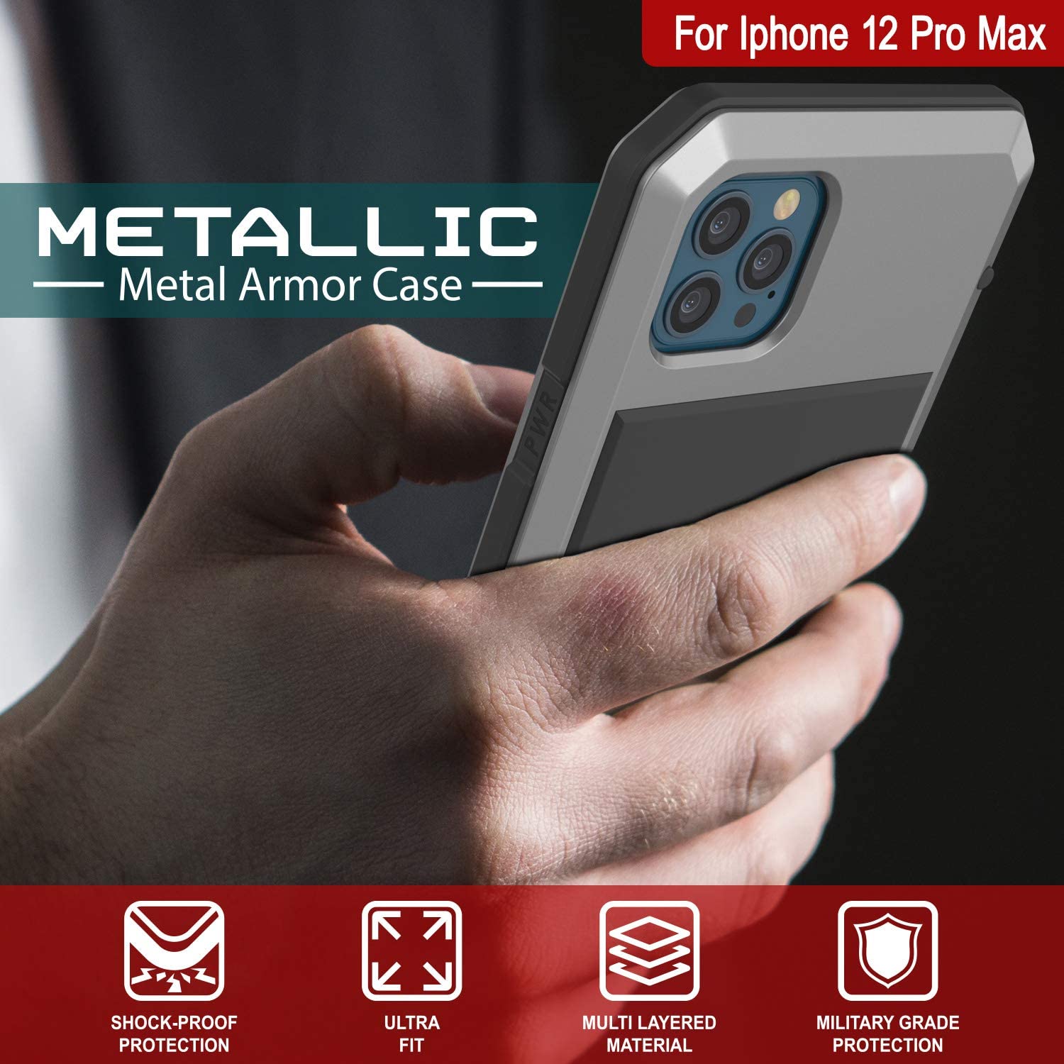 iPhone 12 Pro Max Metal Case, Heavy Duty Military Grade Armor Cover [shock proof] Full Body Hard [Silver]