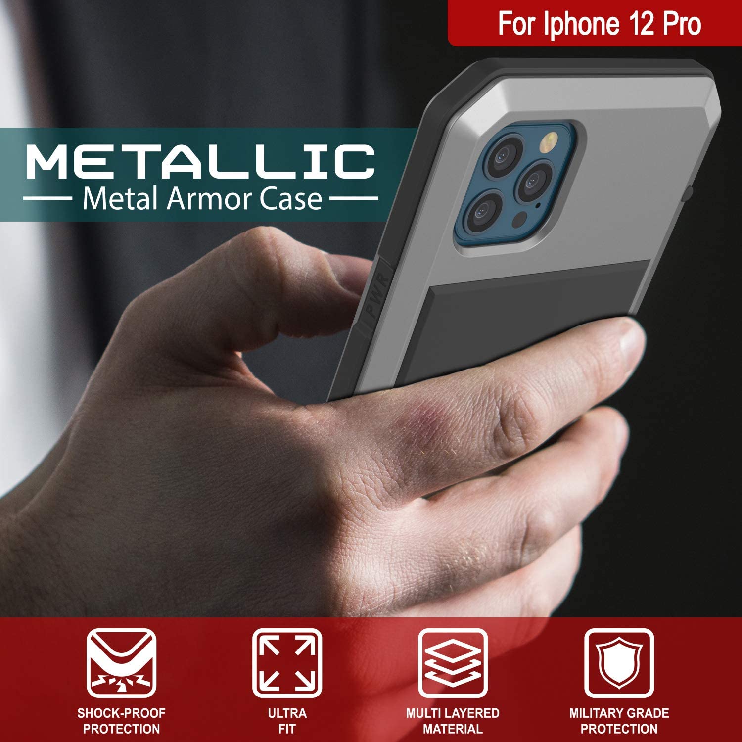 iPhone 12 Pro Metal Case, Heavy Duty Military Grade Armor Cover [shock proof] Full Body Hard [Silver]