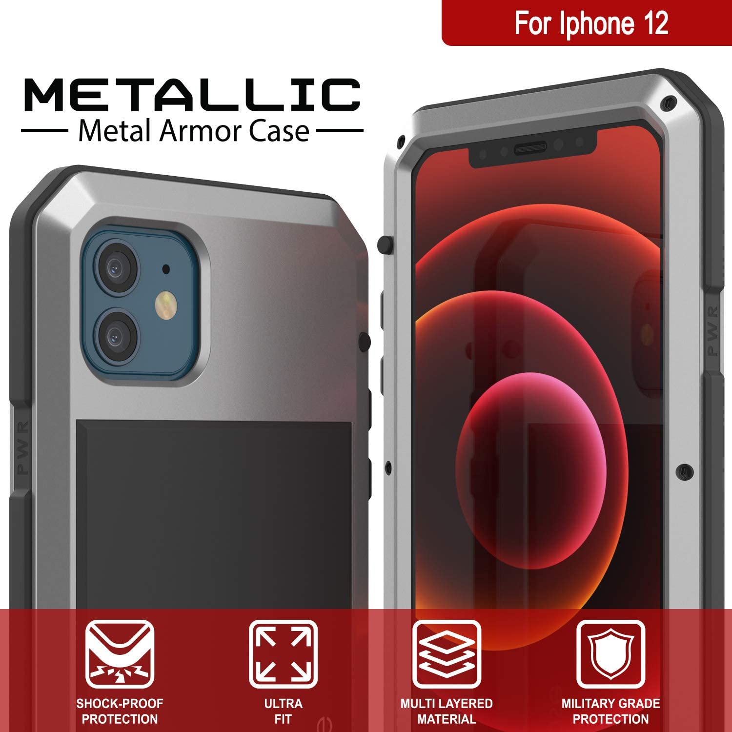 iPhone 12 Metal Case, Heavy Duty Military Grade Armor Cover [shock proof] Full Body Hard [Silver]