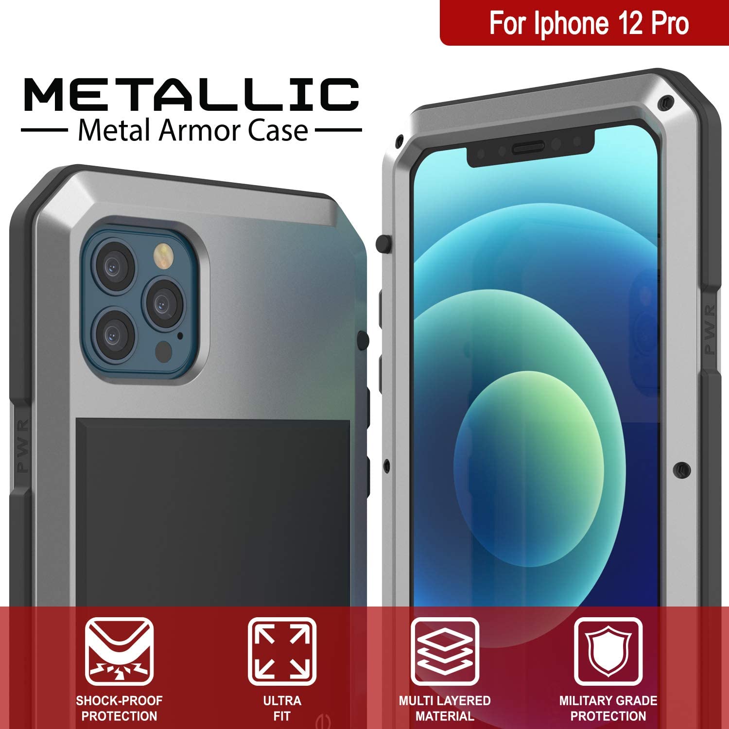 iPhone 12 Pro Metal Case, Heavy Duty Military Grade Armor Cover [shock proof] Full Body Hard [Silver]