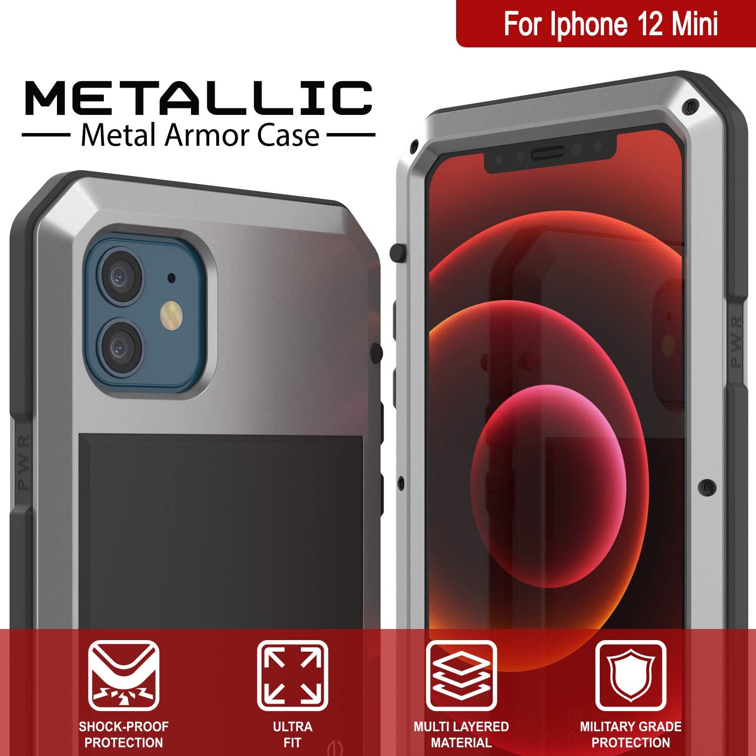 iPhone 12 Mini Metal Case, Heavy Duty Military Grade Armor Cover [shock proof] Full Body Hard [Silver]