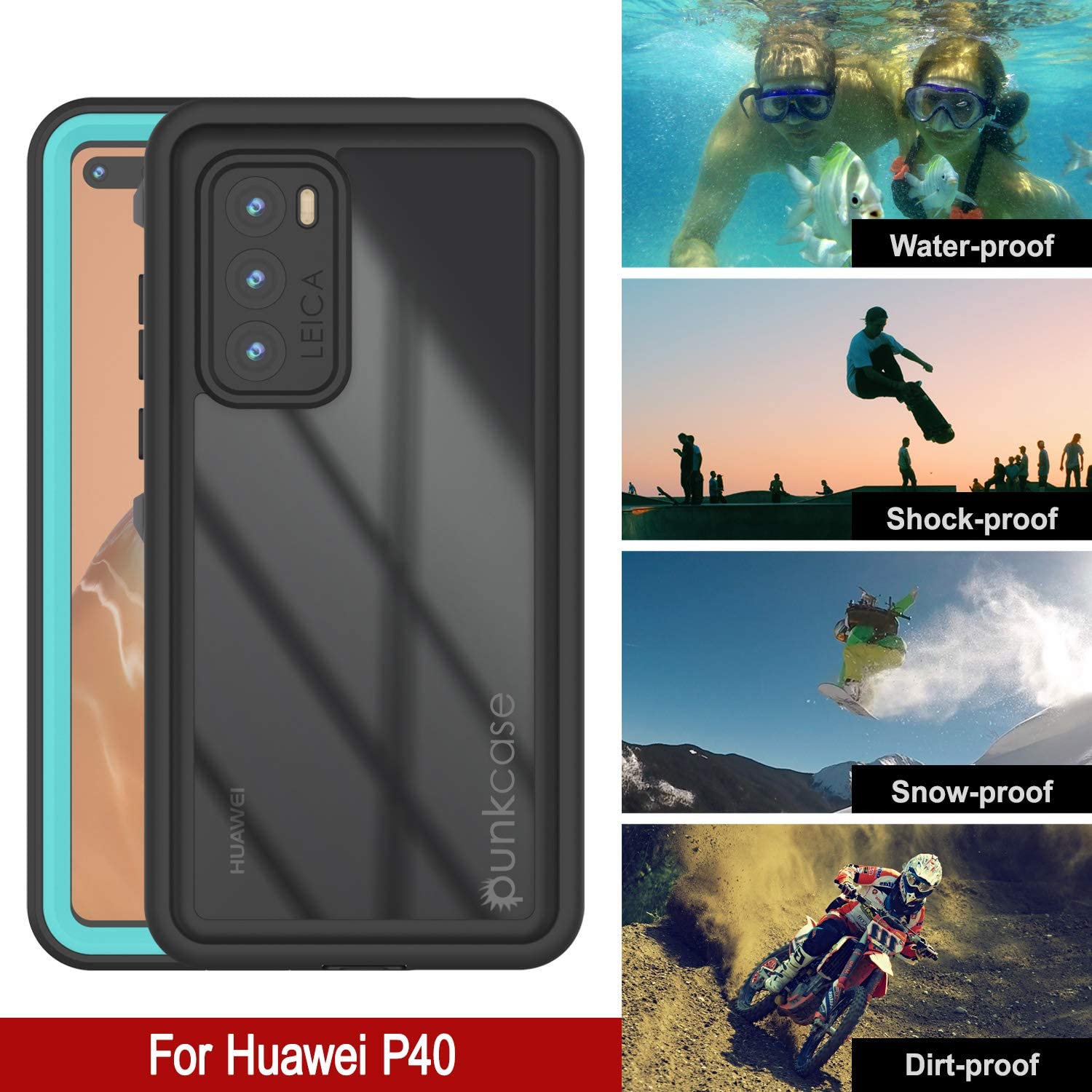 Huawei P40 Waterproof IP68 Case, Punkcase [Teal] [StudStar Series] [Slim Fit]